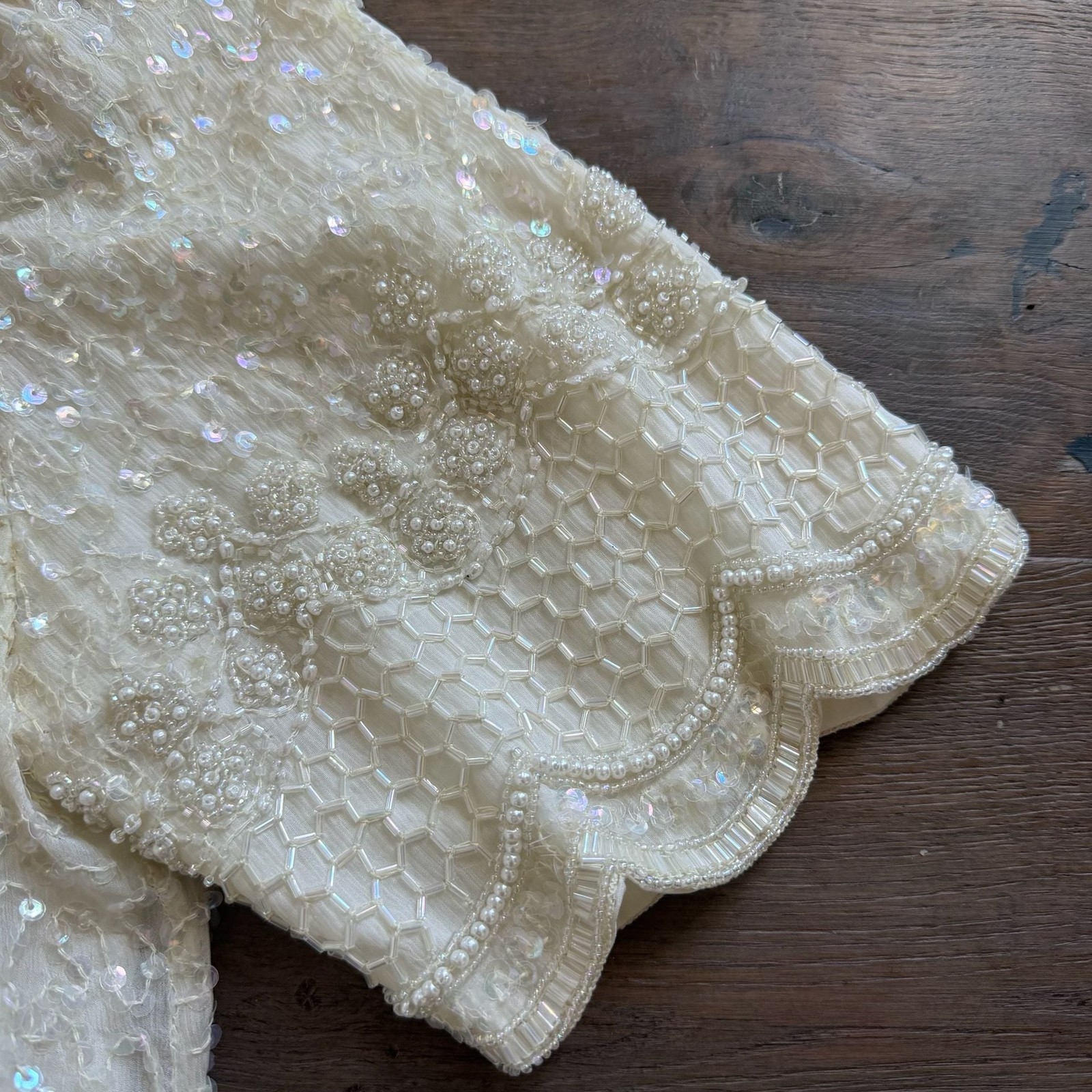 Brilliante 100% Silk Beaded Sequined Dress Scalloped Hem, 80s Vintage Glamour, B