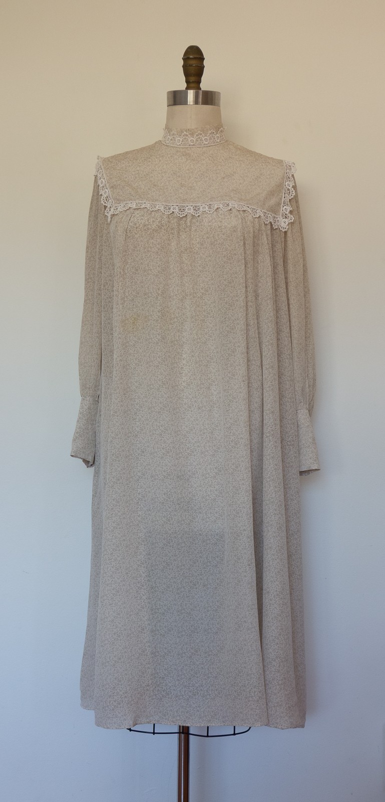 Vtg Jessica Mclintock Ditsy Silk Chiffon Midi Dress Lace Trim W&rsquo;s M Grey