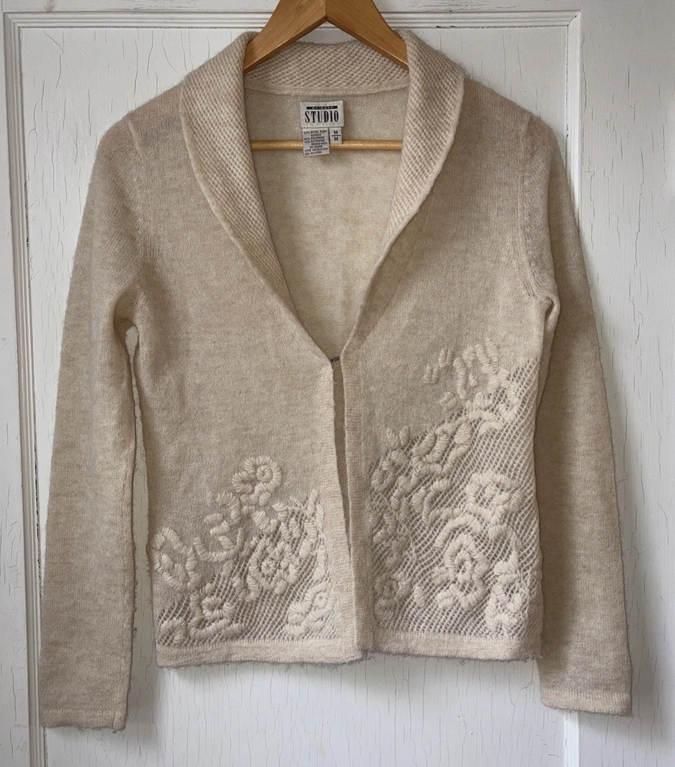 Vtg Baby Alpaca Blend Cardigan Sweater Embroidered Floral ‘80s Boho Cottage Sz M