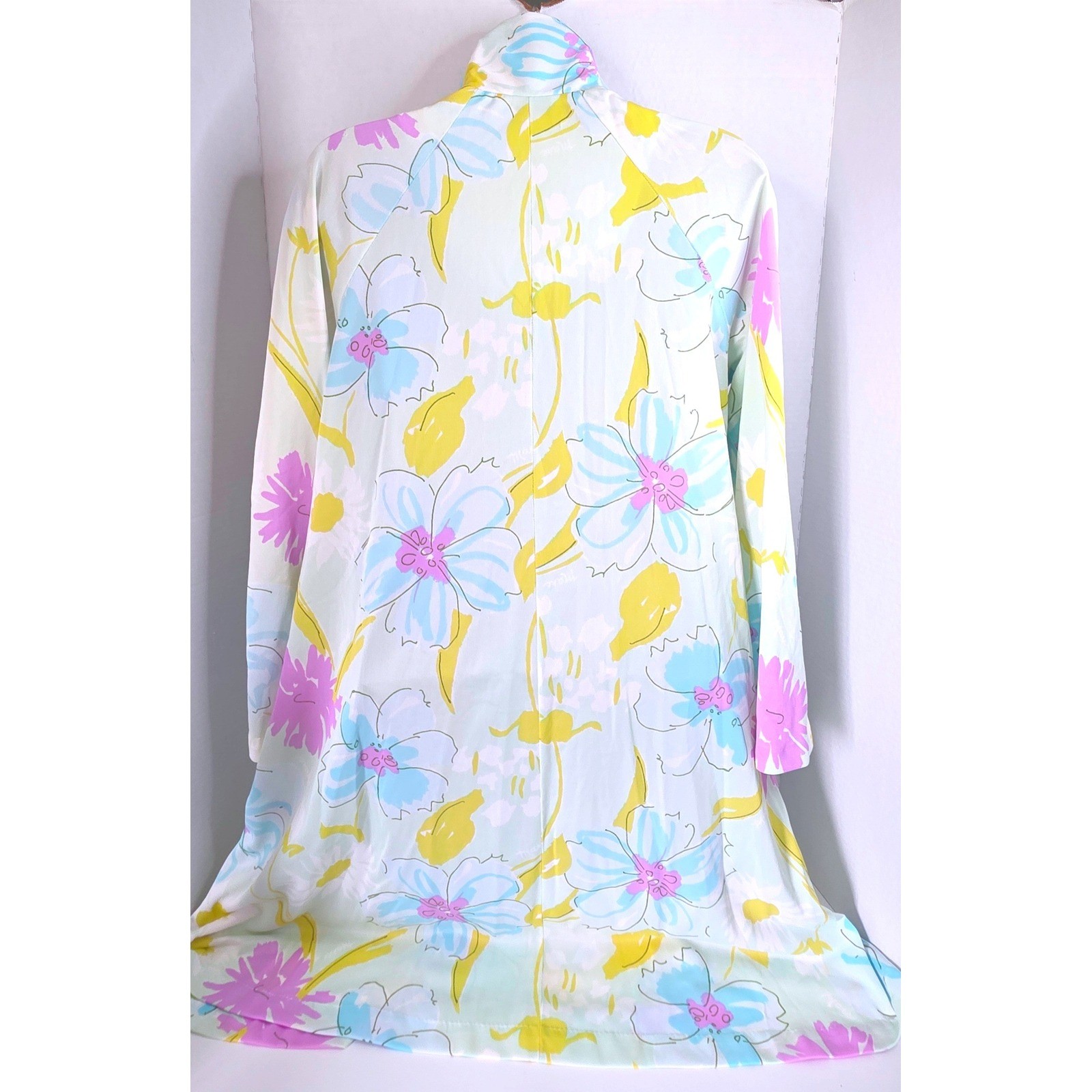 Vintage Miss Elaine Pastel Floral Zip Front House Coat Duster Blue Yellow M/L?