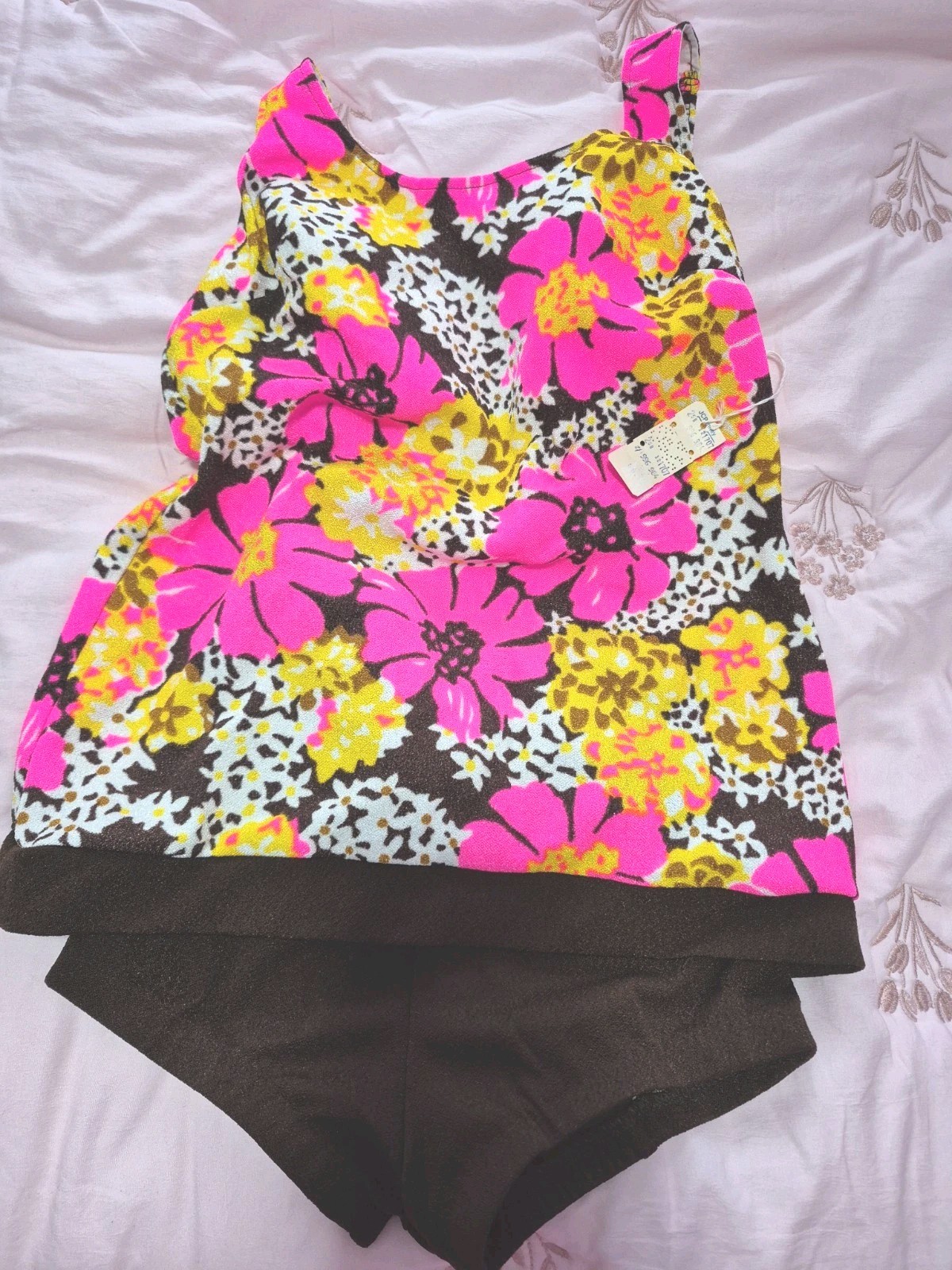 VINTAGE PSYCHEDELIC MOD FLORAL WOMENS 2 PC SWIMSUIT BATHING SUIT SZ 14/36-NEW!!