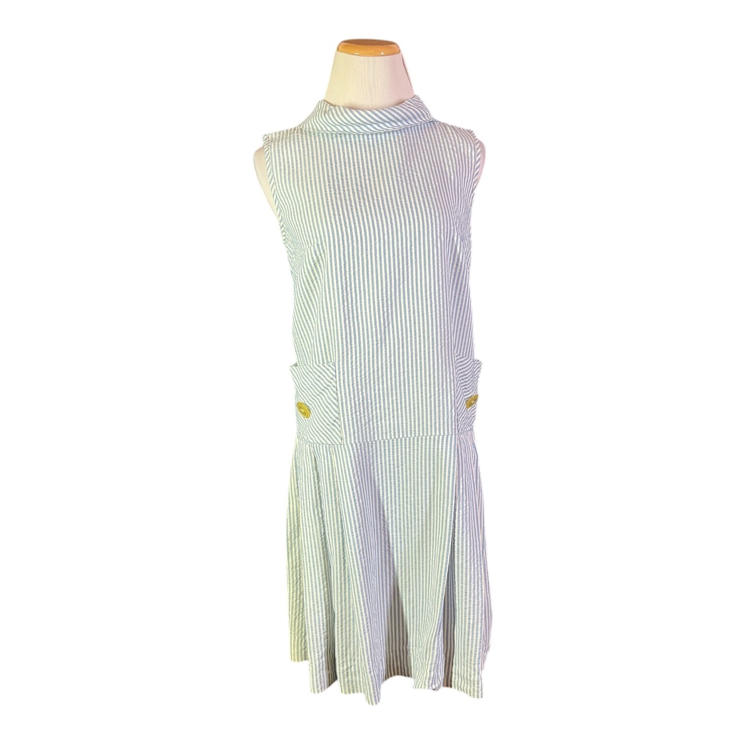 Vintage 70s Sears Size 12 1/2 Blue Stripe Seersucker Dress Sleeveless Drop Waist