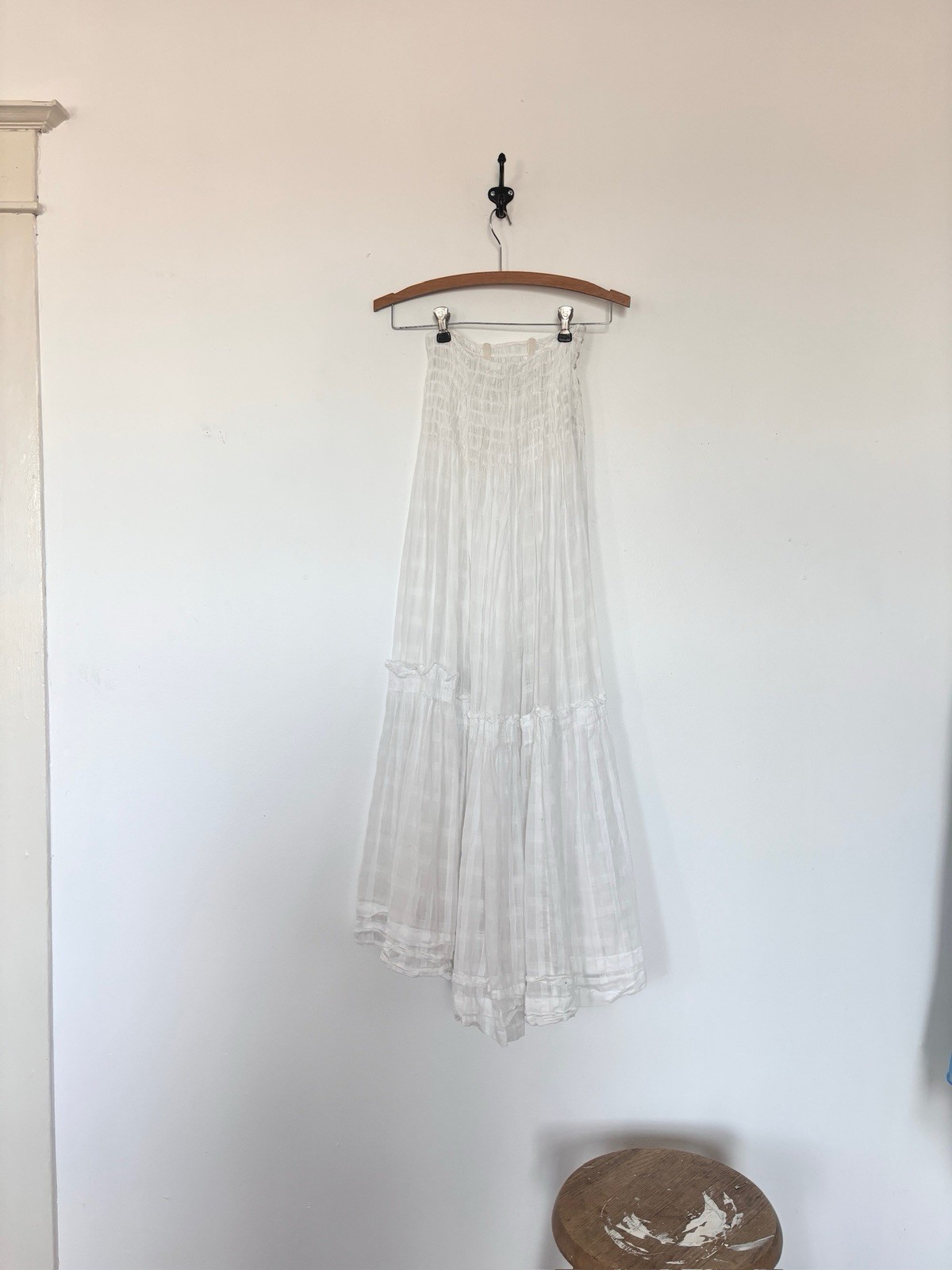 Antique Edwardian Sheer Windowpane Cotton Voile Skirt w Boned/Corseted Waist