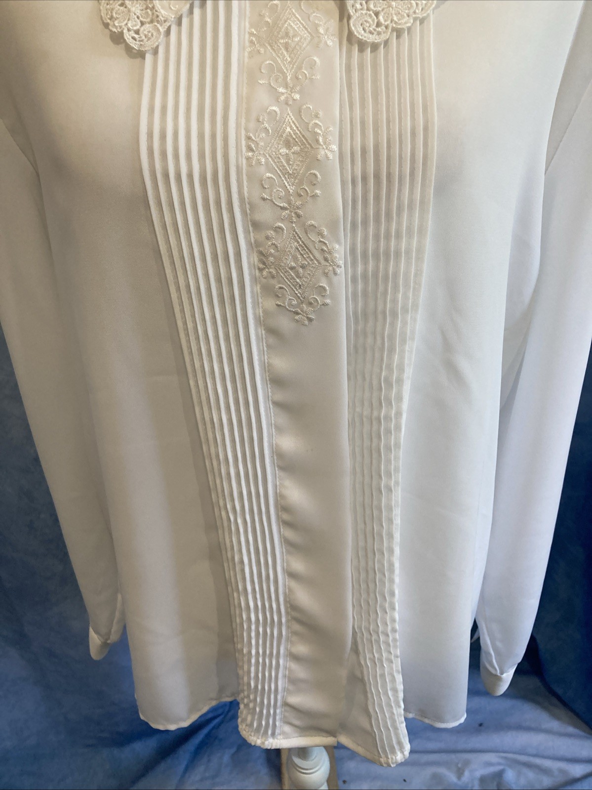 Vintage 80s Priorities White Pintuck Secretary Blouse Lace Peter Pan Collar 16