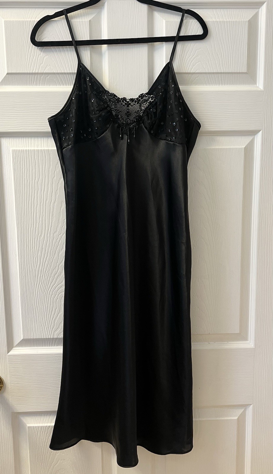 Val Mode Vintage Beaded Lace Black Satin Slip Dress / Nightgown – Size M