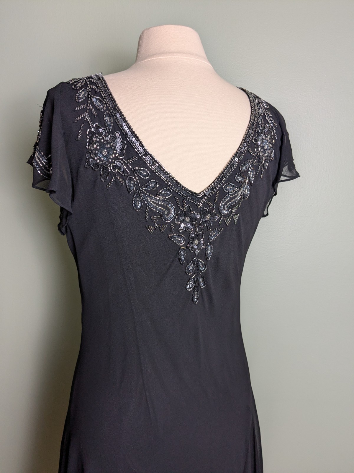 Old Hollywood Inspired Beaded Black Flowy Slip Dress