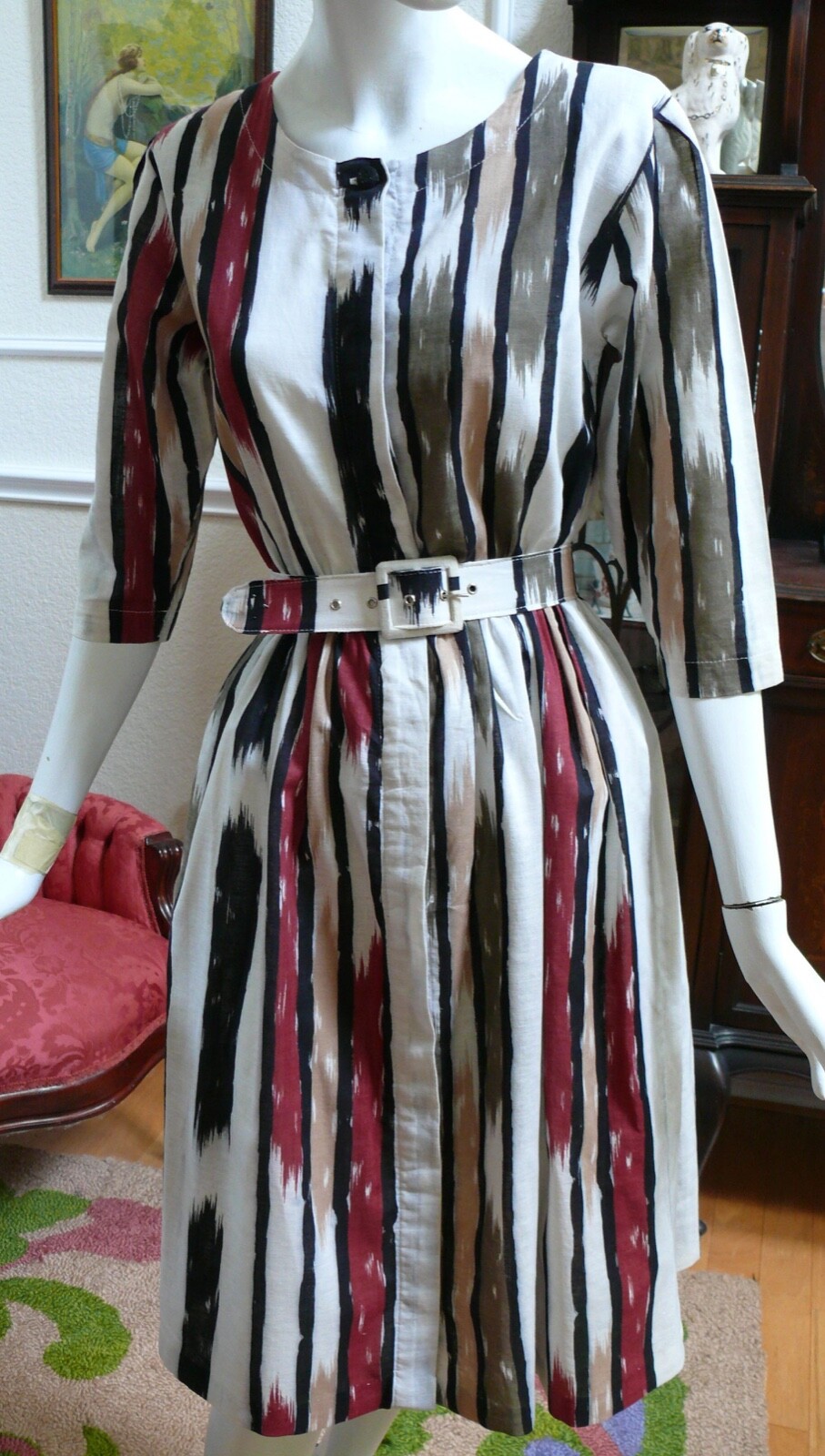 1950-60 Ikat like Print Button down Afternoon Dress XS / S as is