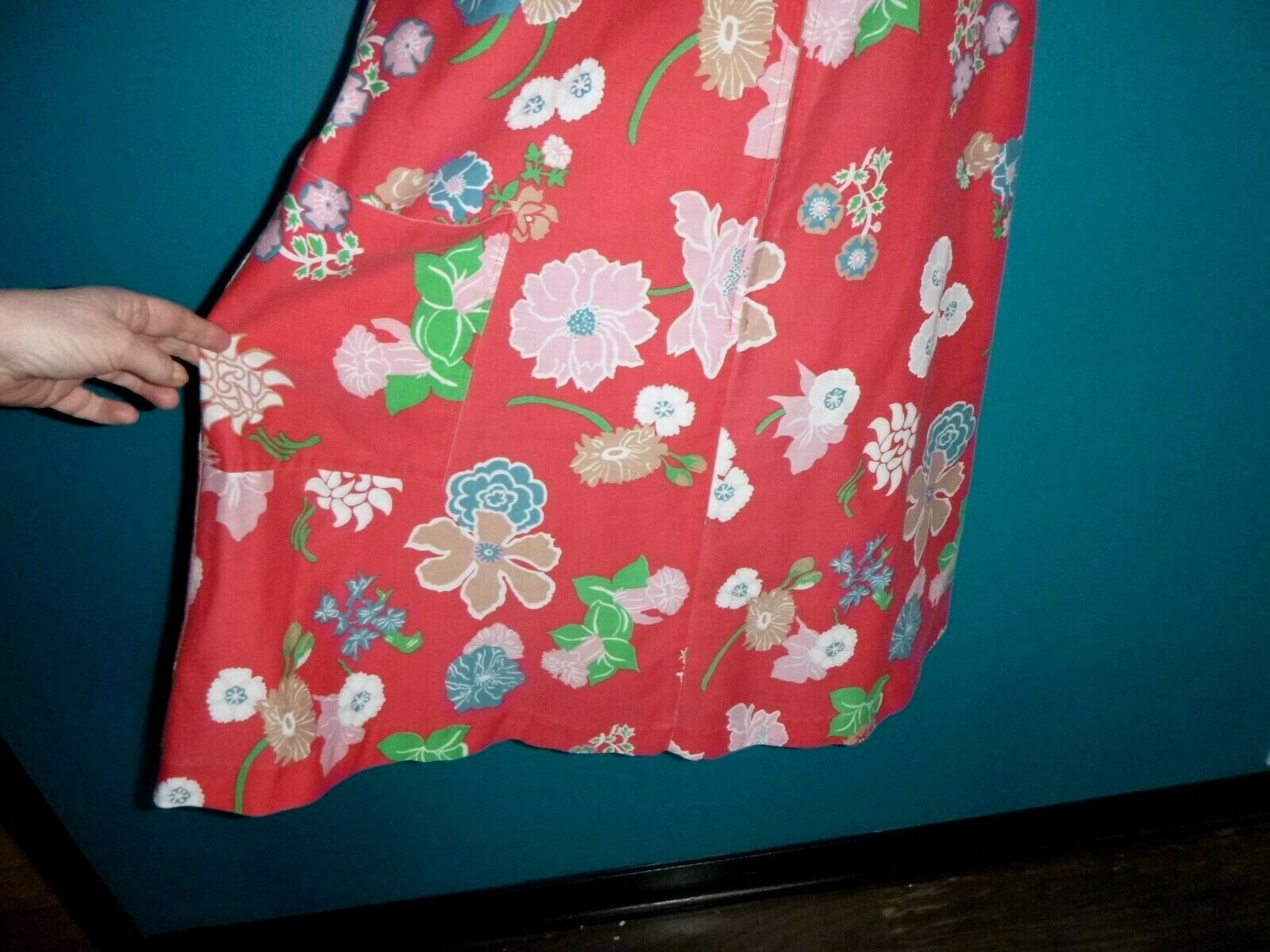 Vtg 70s Trapeze Flower Power Zip Front Day House Dress Red Tropical Floral Sz M