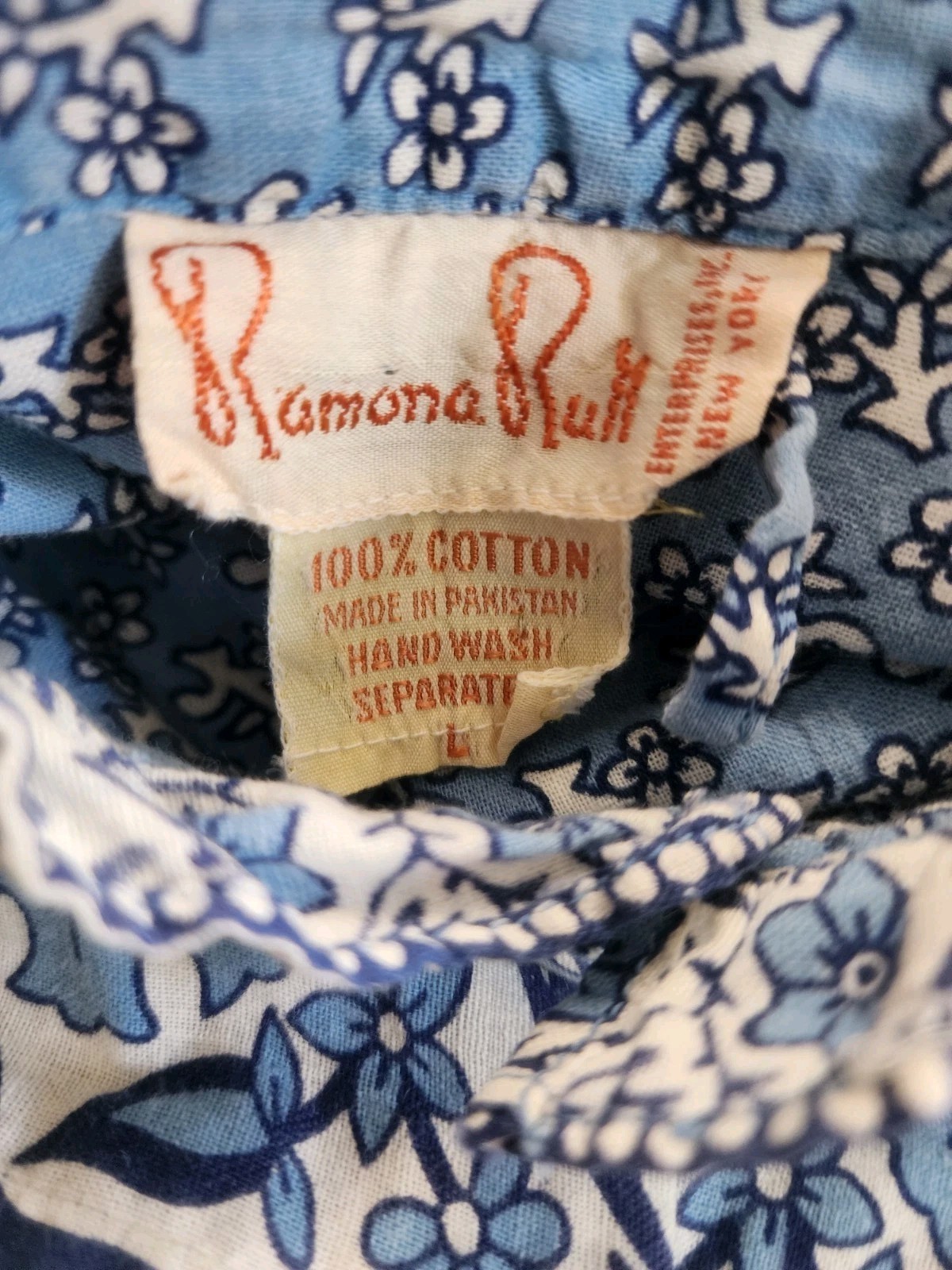 1970s Ramona Rull Floral Print Vintage Cotton Long Sleeve Dress in Blue Size L