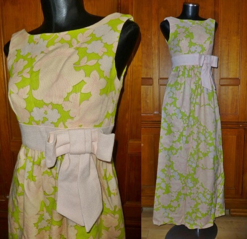 VTG 60s MONTALDO&rsquo;S Woven Floral Print Bow Wedding Party Maxi DRESS UNWORN
