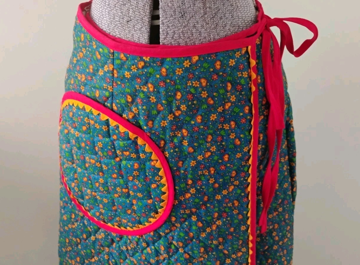 VTG 70s Retro Floral Quilted Maxi Wrap Skirt Flower Power Boho Hippie Lg Pocket