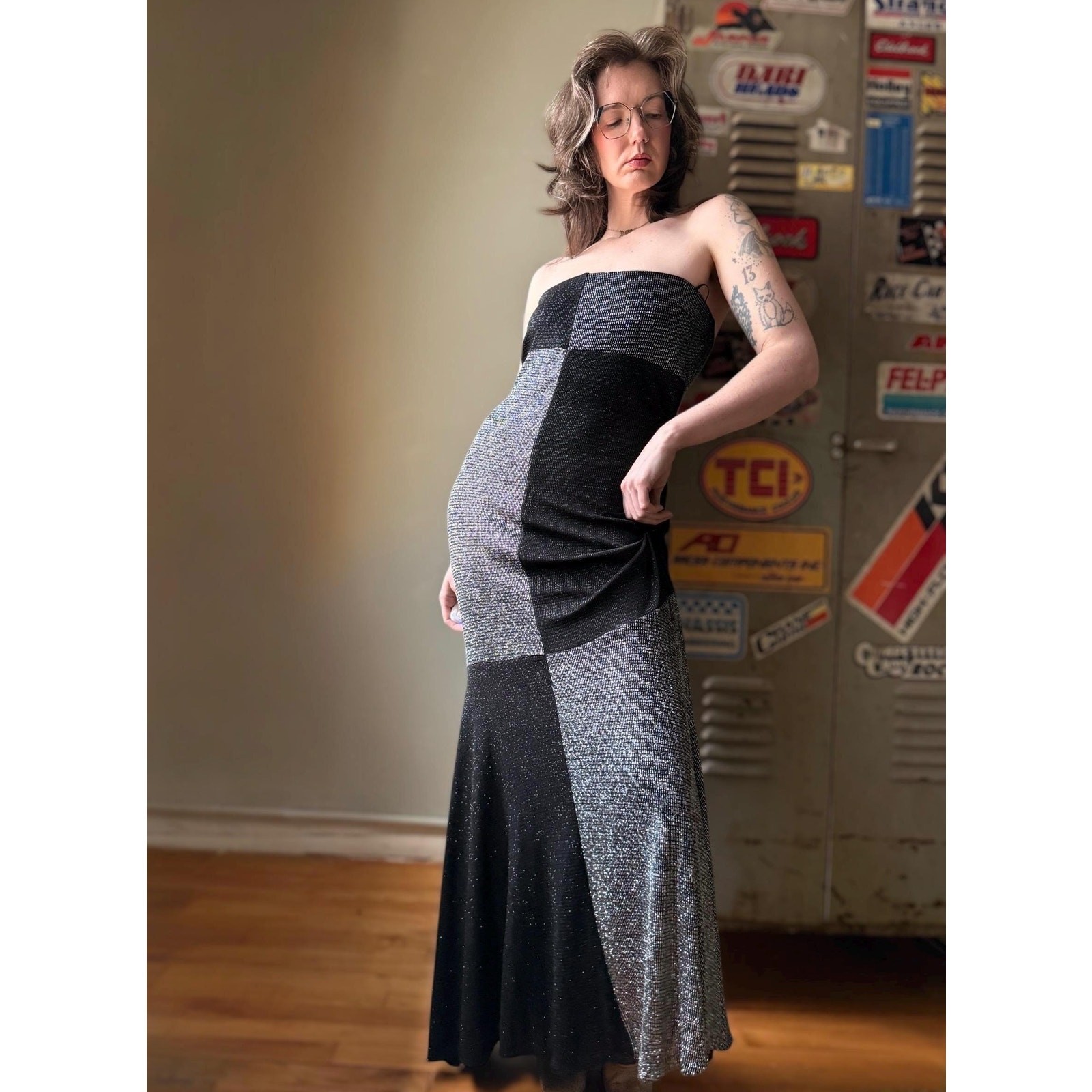 Vintage 90s Silver Strapless Gown | Black Gray Metallic Mermaid Maxi | L