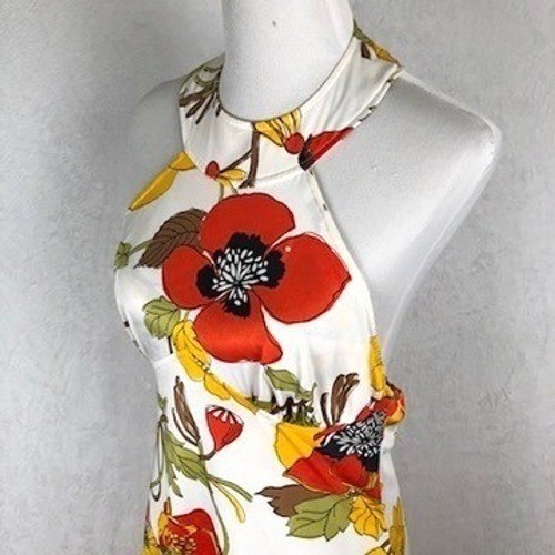 VTG 70s Floral Poppy Open Back Round Neck Halter Maxi Dress Sz S/M White