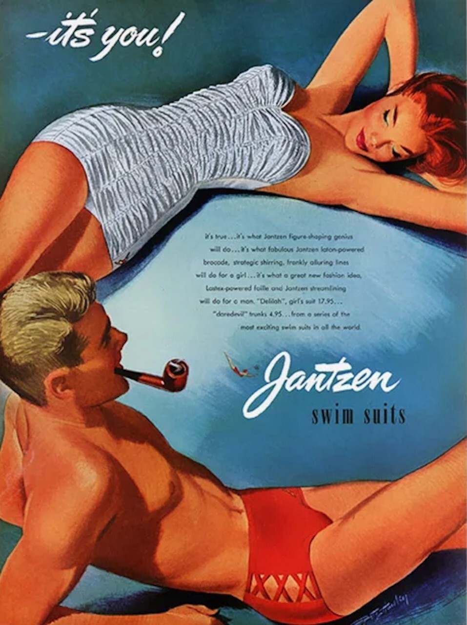 JANTZEN 1950s PIN-UP BOMBSHELL STRAPLESS SWIMSUIT~ MADE IN FRANCE~RARE VINTAGE~S