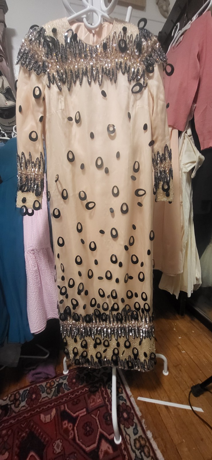 Vintage Custom Peach Pink Beads & Bangles Straight Cut Midi Tea Length Dress S