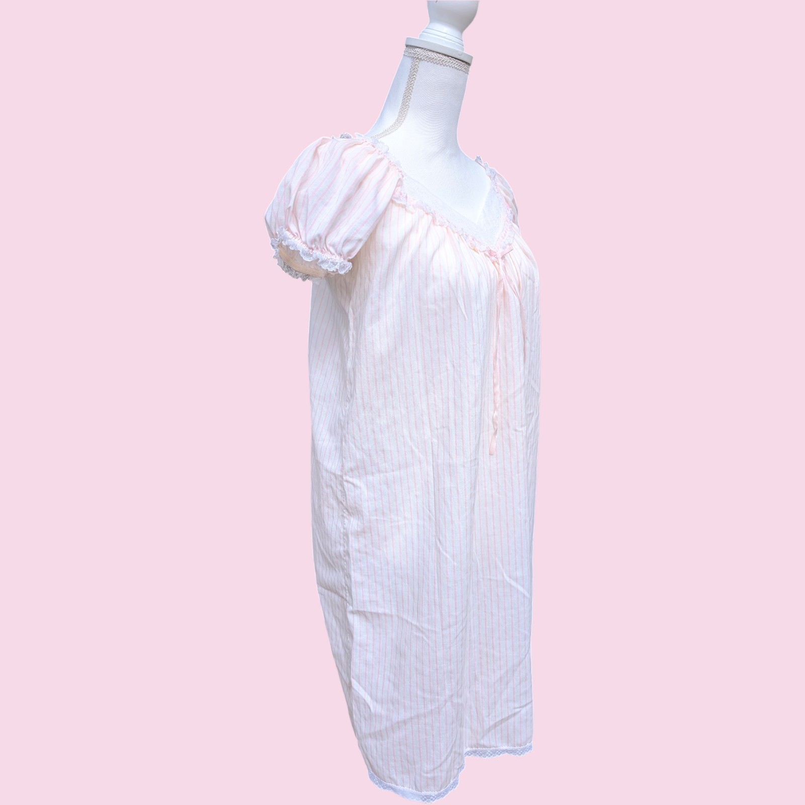 Vintage 80s Miss Elaine Nightgown Pink Stripe Lace Union Made USA Puff Sleeve S