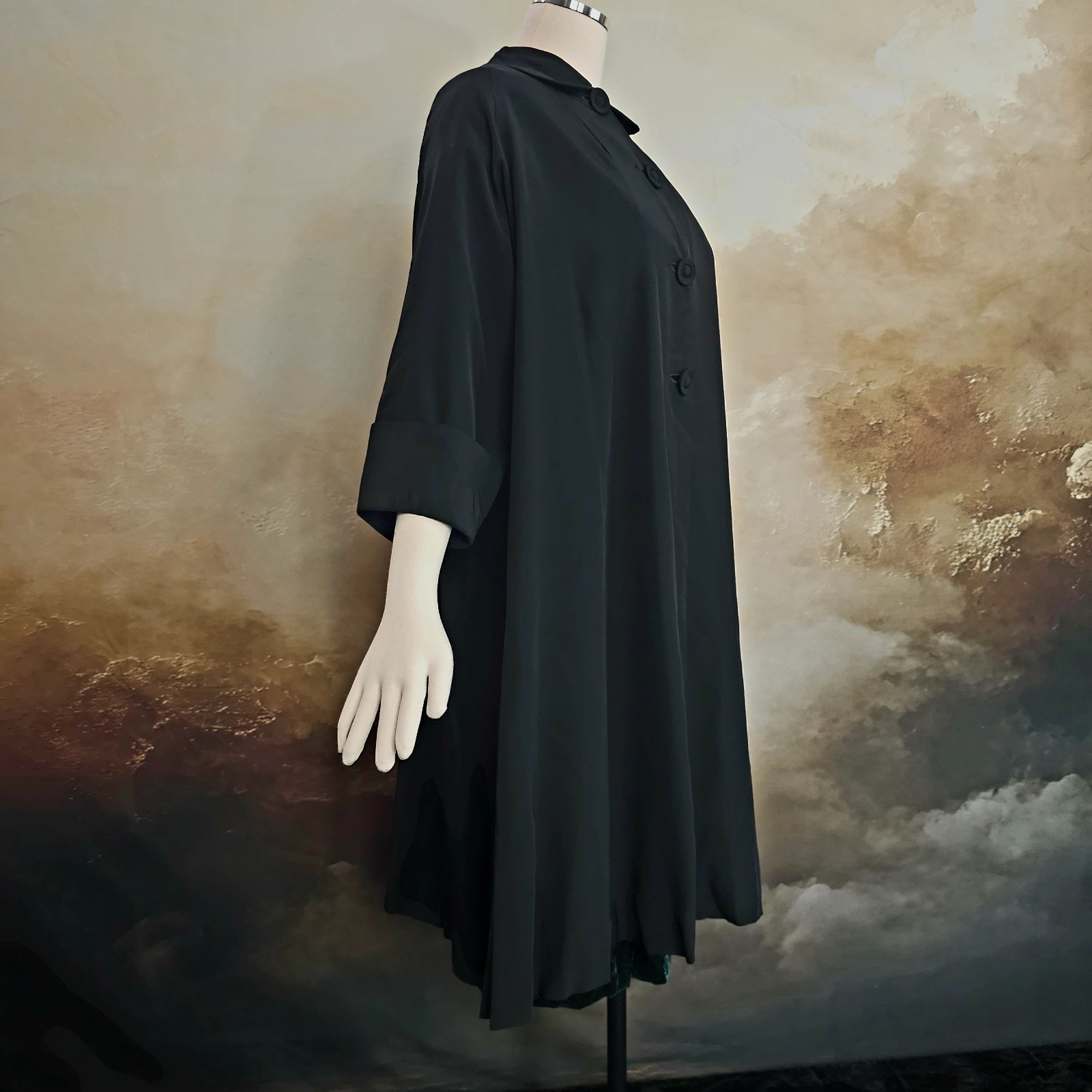 Vintage 1950s Coat Jacket Swing Coat Lightweight Black Half Sleeve Buttons Pinup