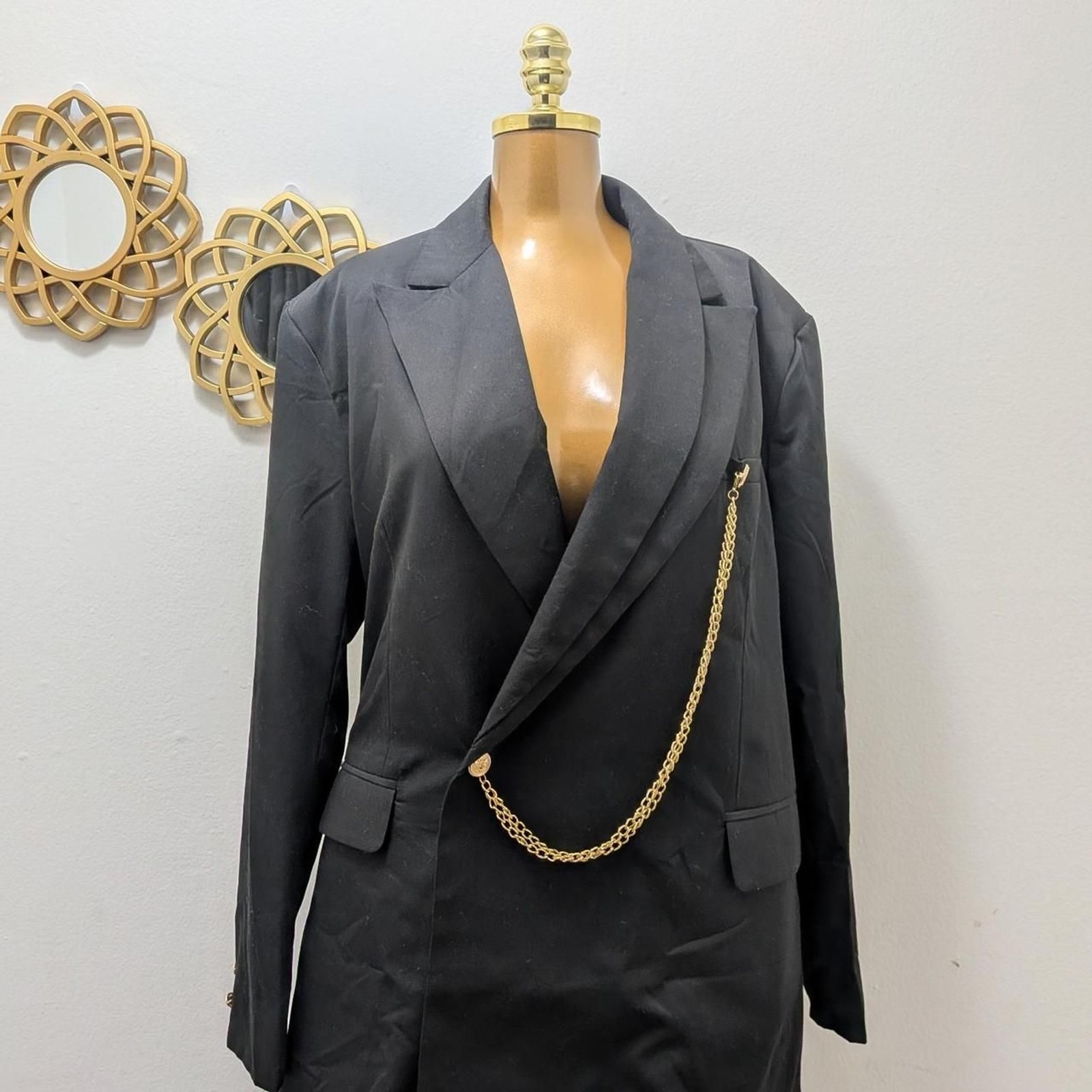 Private Customized Women&rsquo;s Black Tailored Dress Blazer with Gold Chain Details