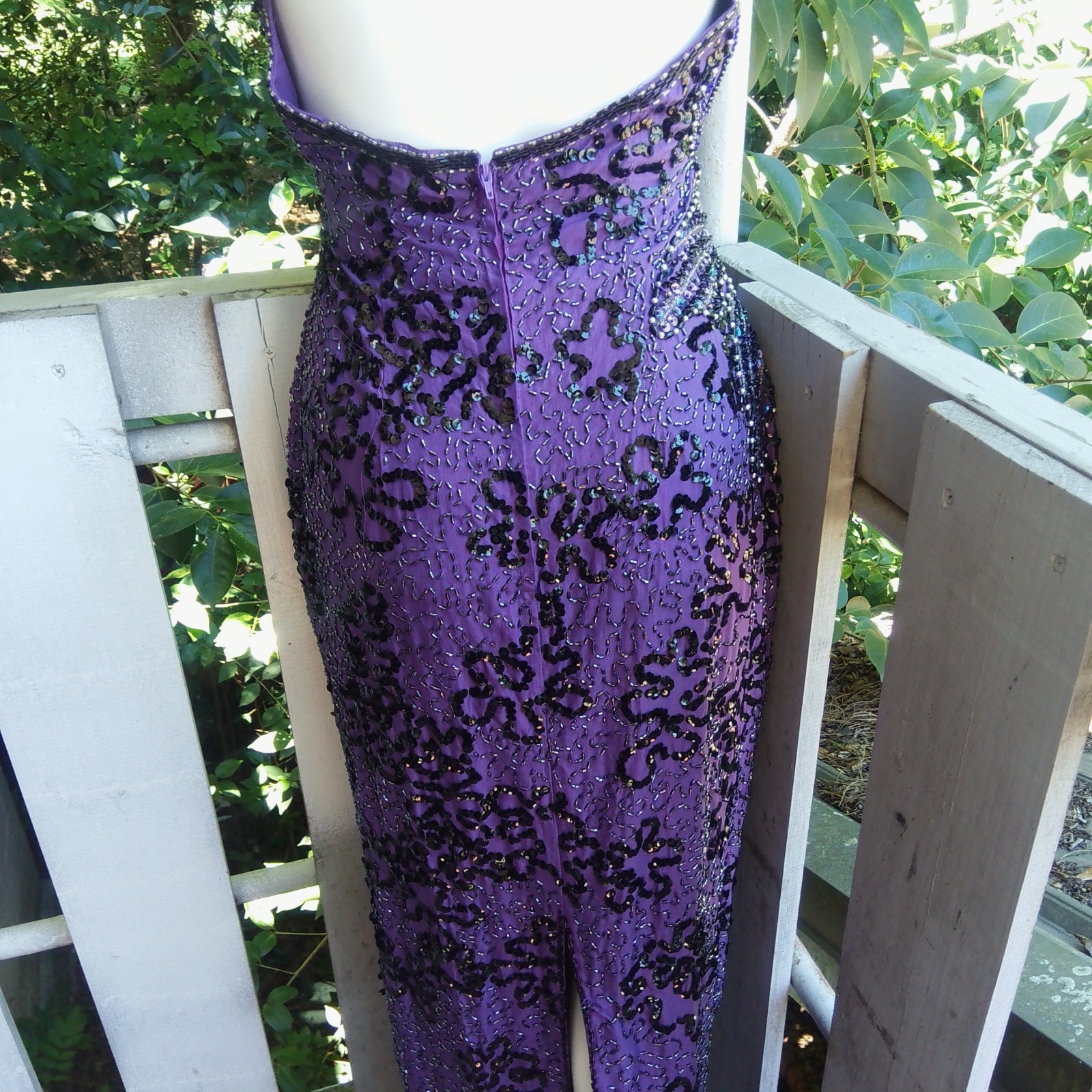 Vintage 80s Sequin Beaded Silk Purple Evening Dress Gown