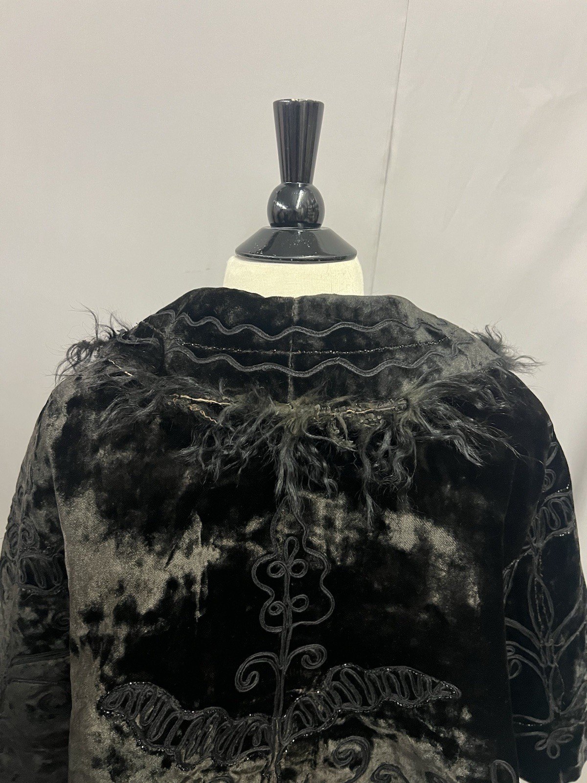1890’s Antique Black Plush Velvet Cape Narrow Soutach & Jet Bead Trim
