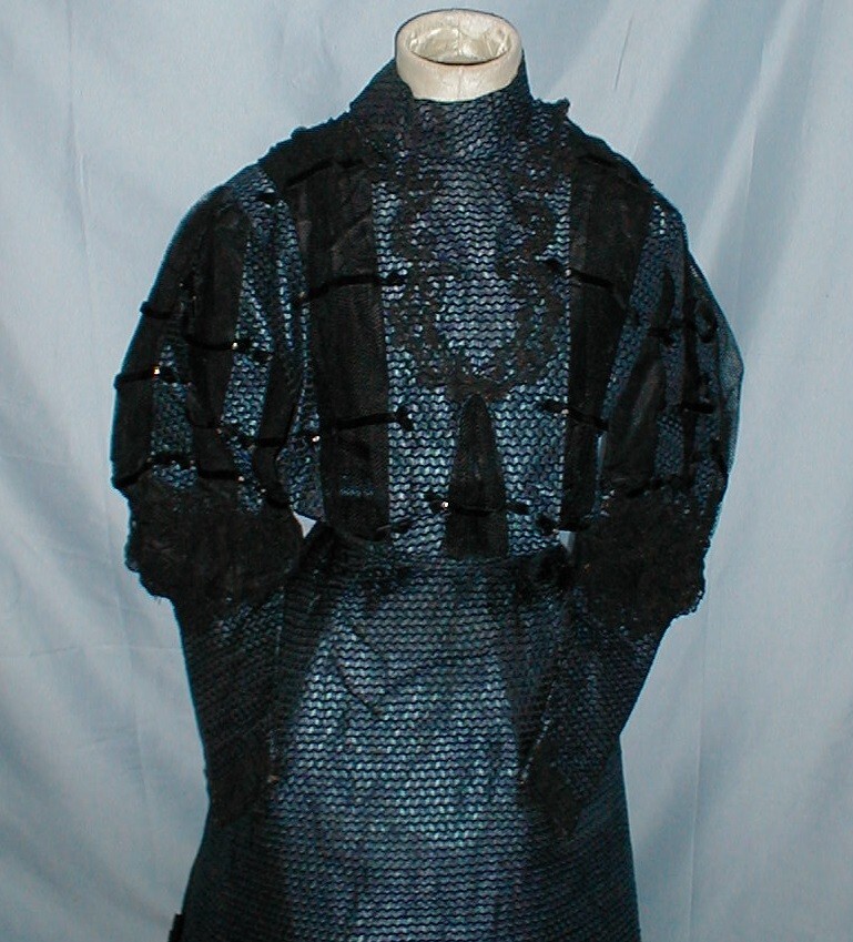 Ornate Antique Dress Victorian 1890&rsquo;s Blue and Black Print Silk Lavish Trims