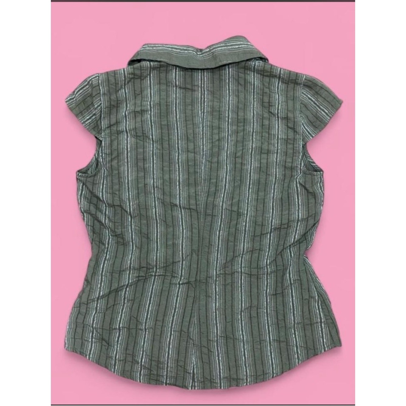 Y2K KHAKI GRUNGE BUTTON UP Cap sleeve v neck collar Grunge Punk Striped Vintage