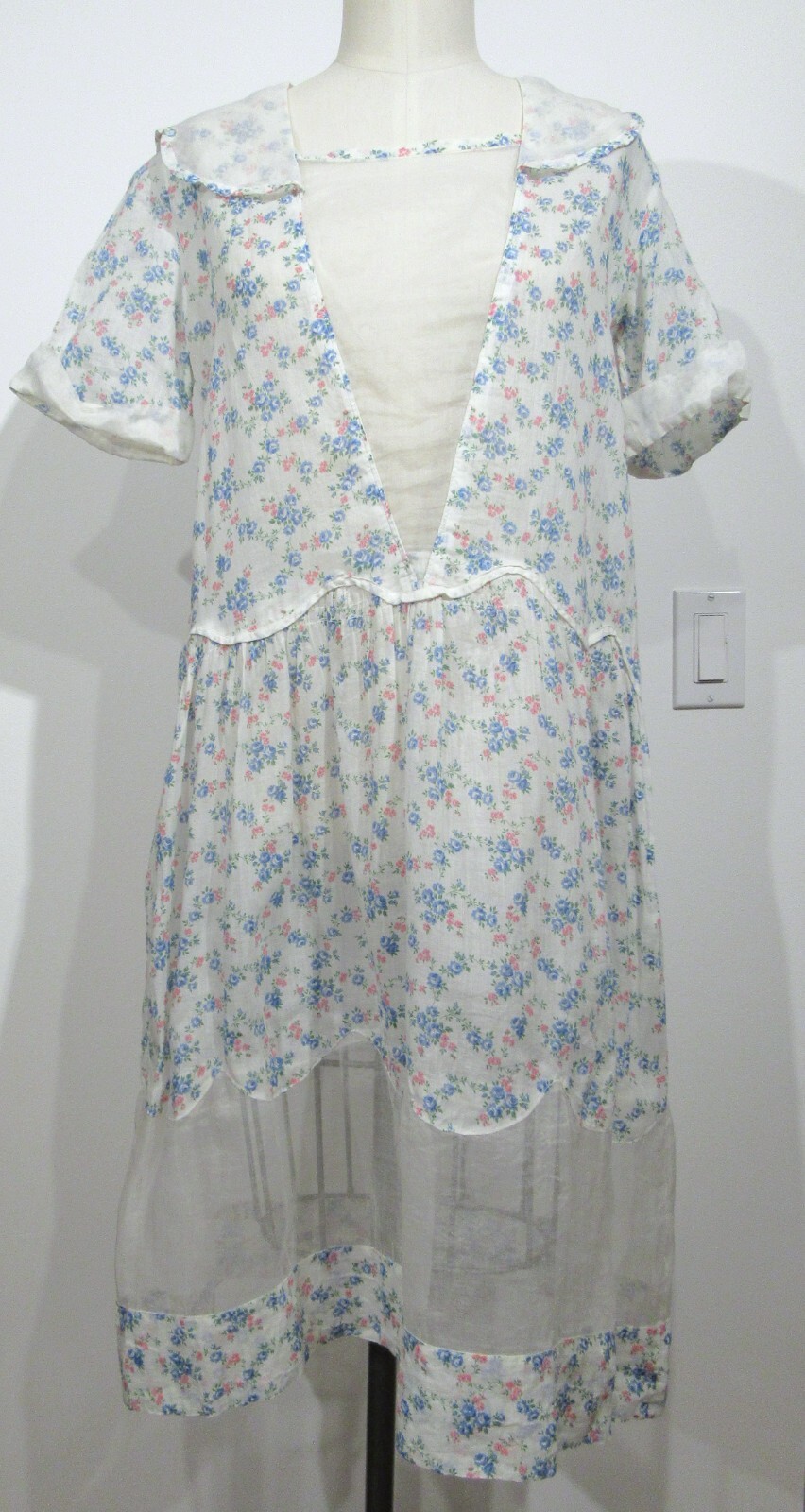 ANTIQUE VINTAGE DAY DRESS 1920S DROP WAIST COTTON FLORAL ORGANDY ART DECO M F4