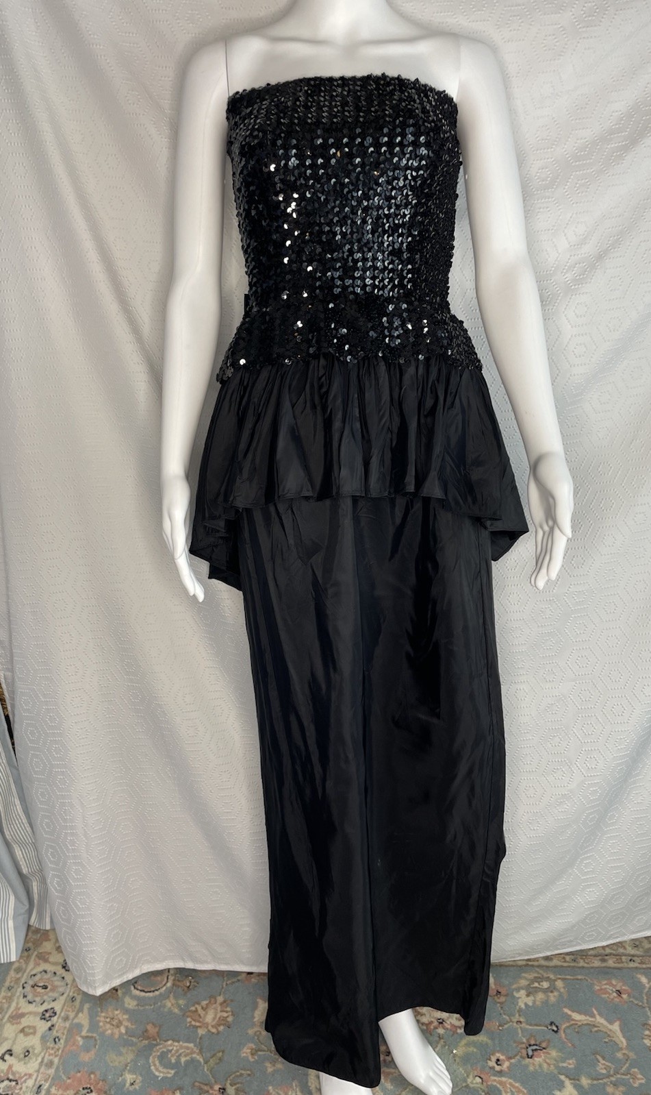 Vintage 80s Peplum Bow Sequins Taffeta Long Black Flirtations Dress ML Union Tag