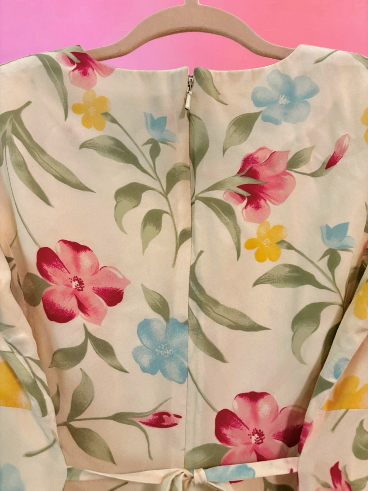 Vintage 80s 90s Patrick Petite 100% Silk Butter Yellow Pink Floral Maxi Dress 6P