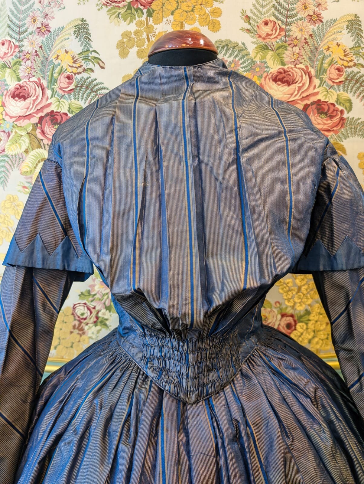 HAND SEWN 1840’S PINSTRIPED SILK TAFFETA TWO PIECE DRESS FROM OHIO ESTATE
