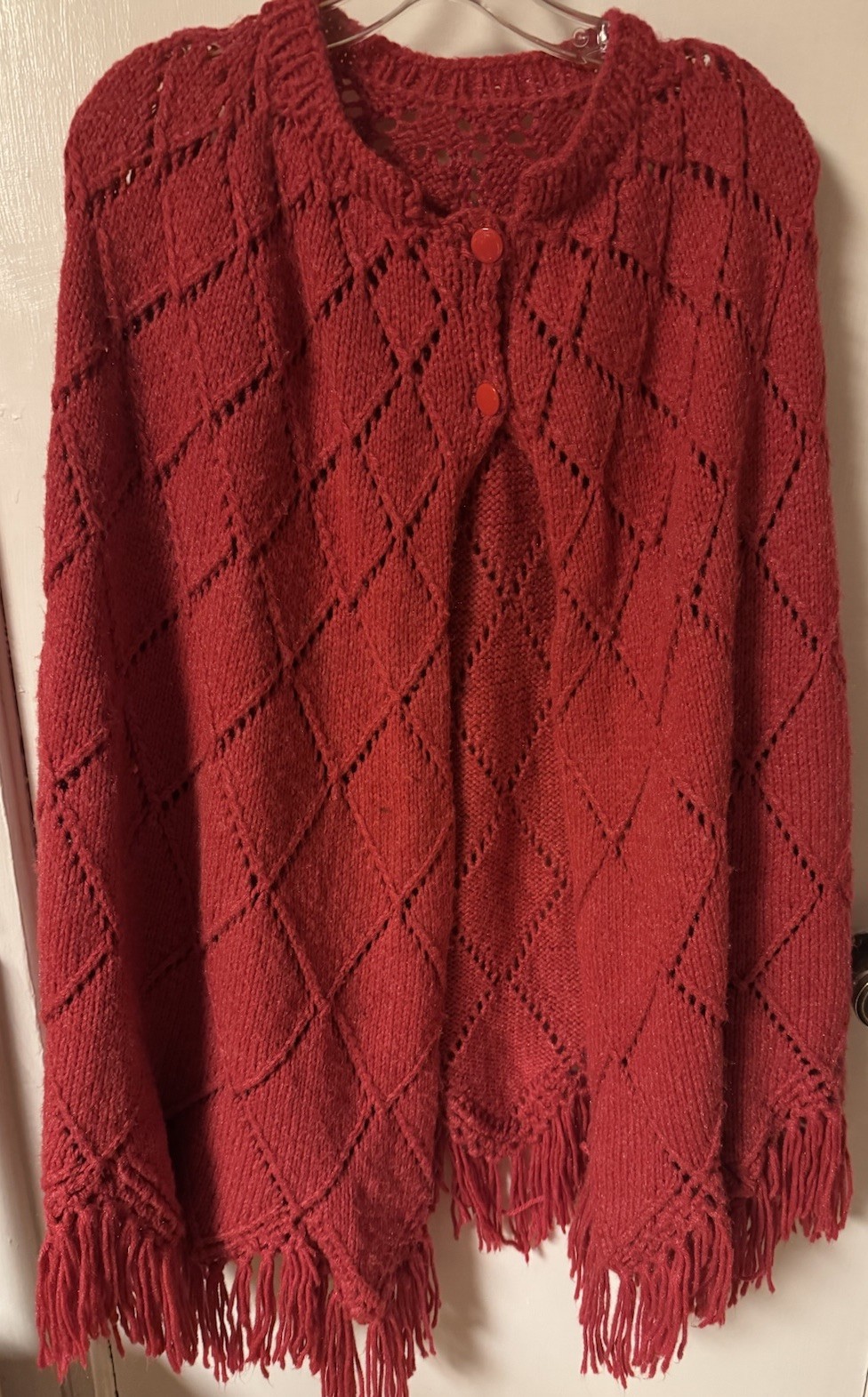 Vintage 1960-1970’s Red Hand Knit One Of A Kind Caplete With Fringe DiamondLace