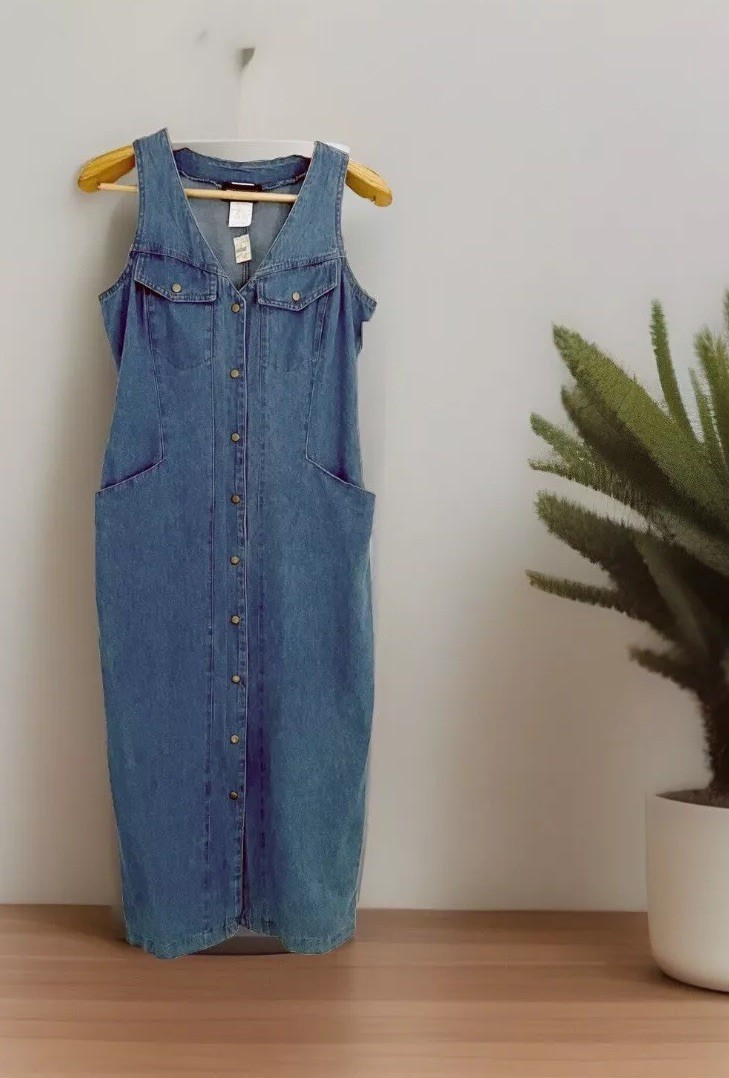 NWT~Vintage TICKETS California Women Denim Dress 7/8 Sleeveless Snap Button Maxi