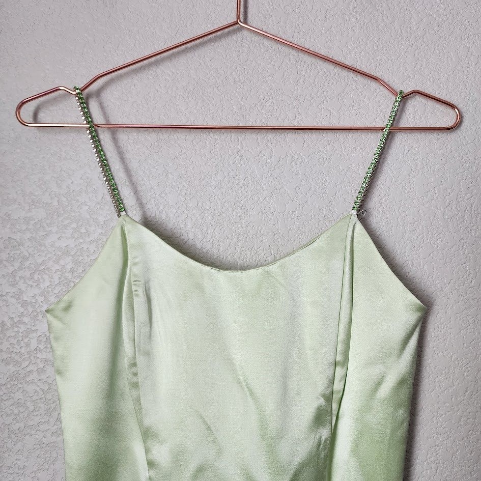 JESSICA MCCLINTOCK 90s Y2K Satin Slip Dress Mint Green Rhinestone McBling 5/6