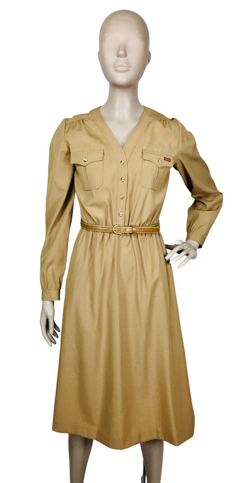 VTG 70&rsquo;s SASSON Tan Belted Button-Front Rockabilly Western Cowgirl Dress S/M