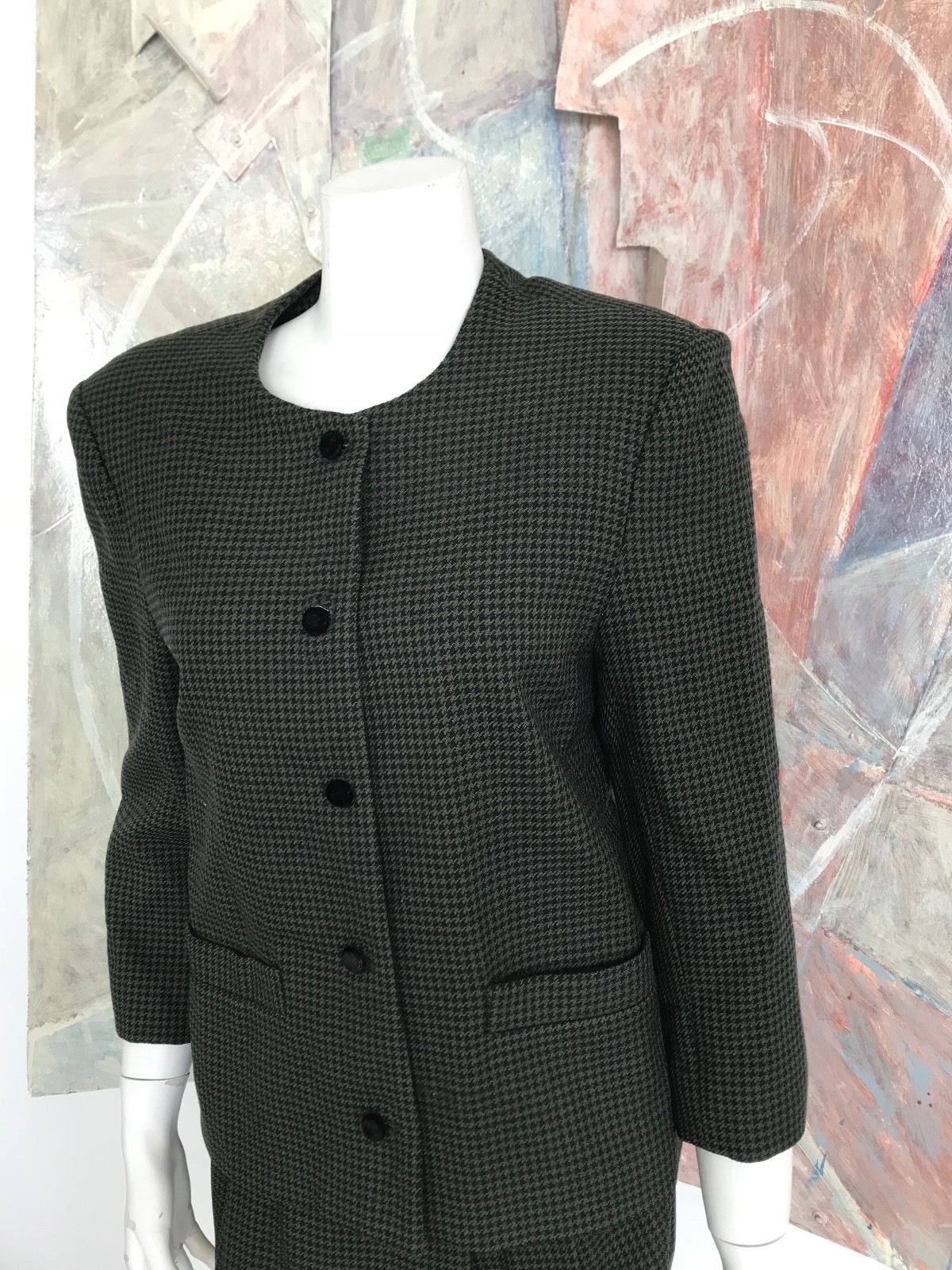 Sylvia Heisel Wool Herringbone Skirt Suit Dress Green Modern Small