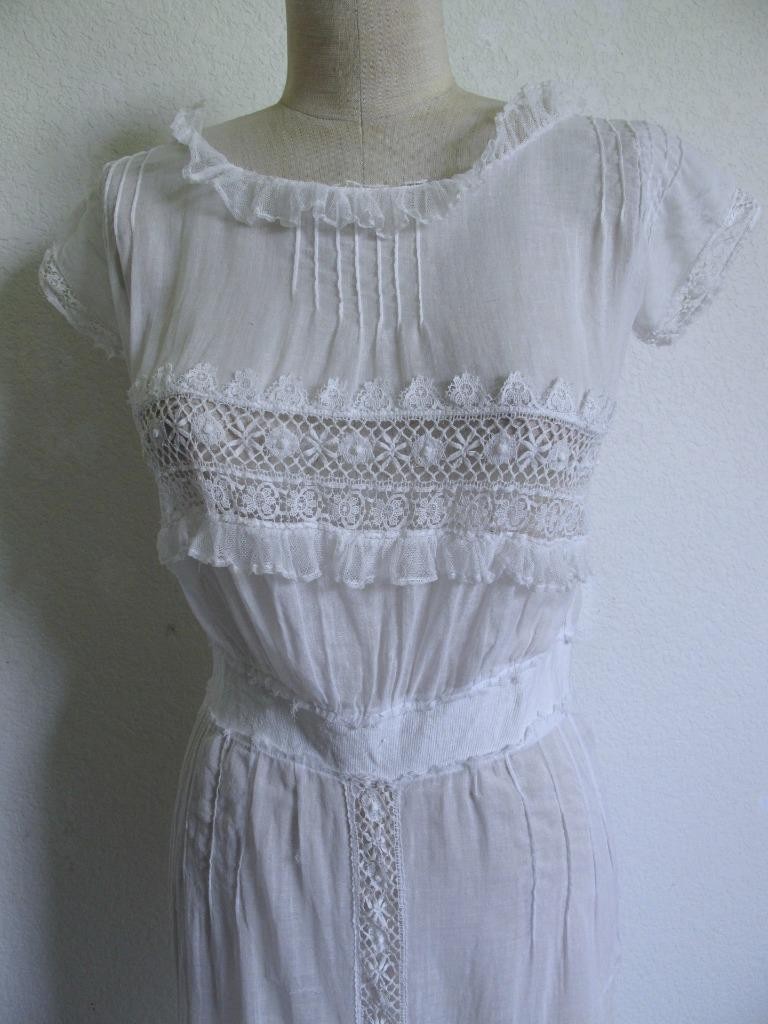 Antique Victorian Edwardian White Sheer Voile Dress XXXS Lace Trim Pintucks