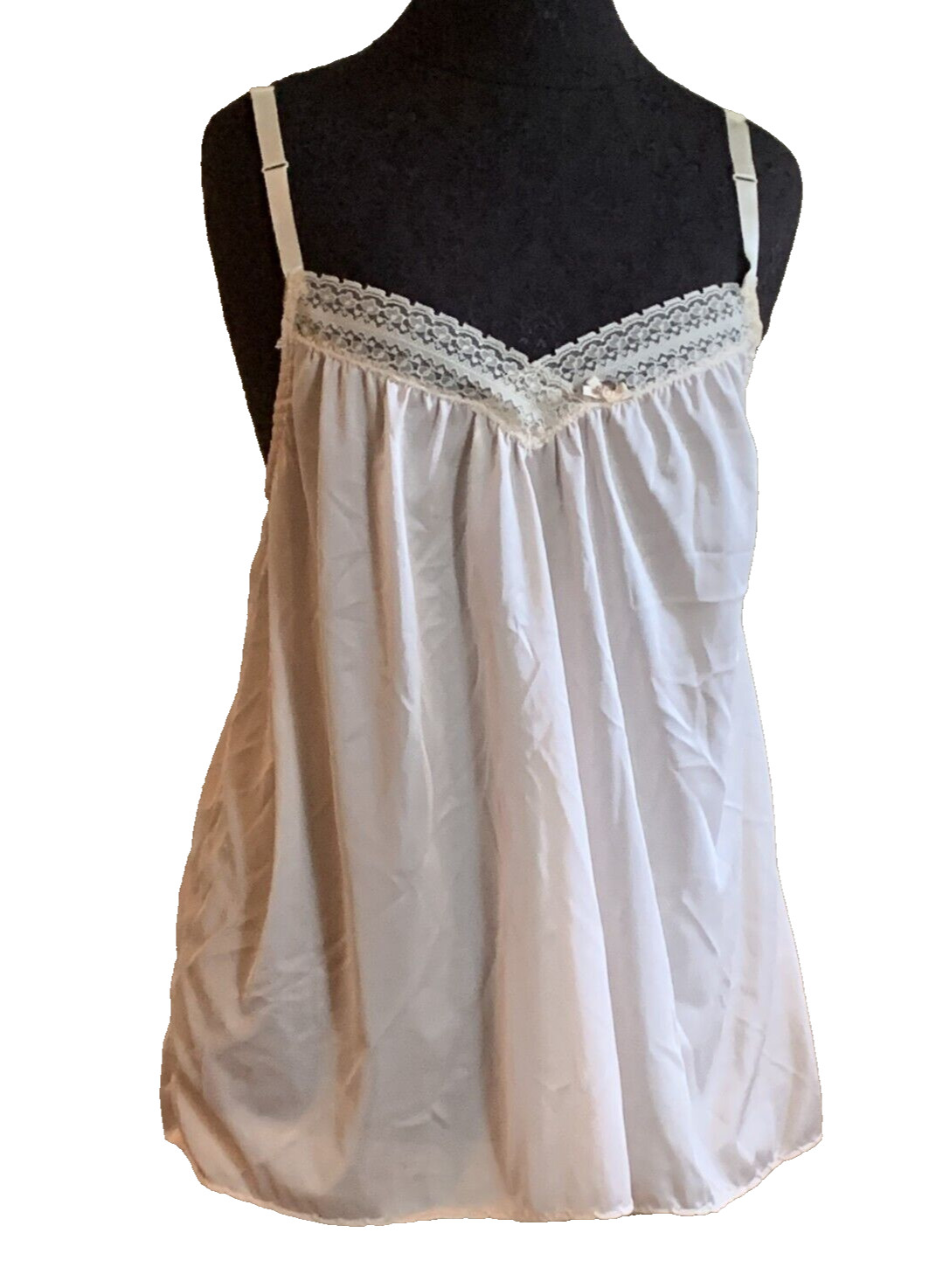 Vtg Peach Pink Ivory Lace Silky Nylon Babydoll Full Camisole Top Mary Jane Sz M