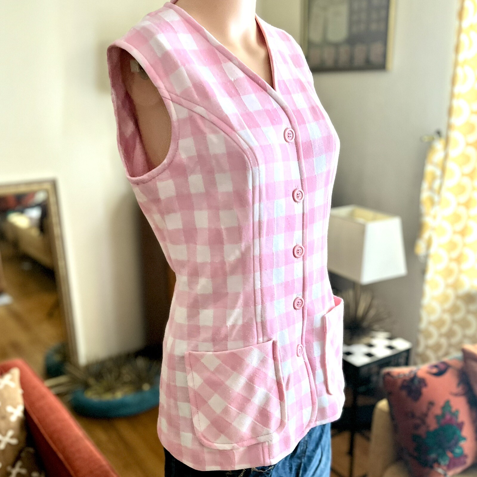 Vintage 1970s Pink & White Gingham Sears Vest