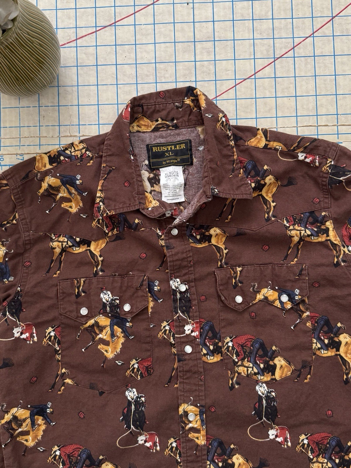 Vintage Rustler by Wrangler Pearl Snap Button Up Brown Fits Womens Small