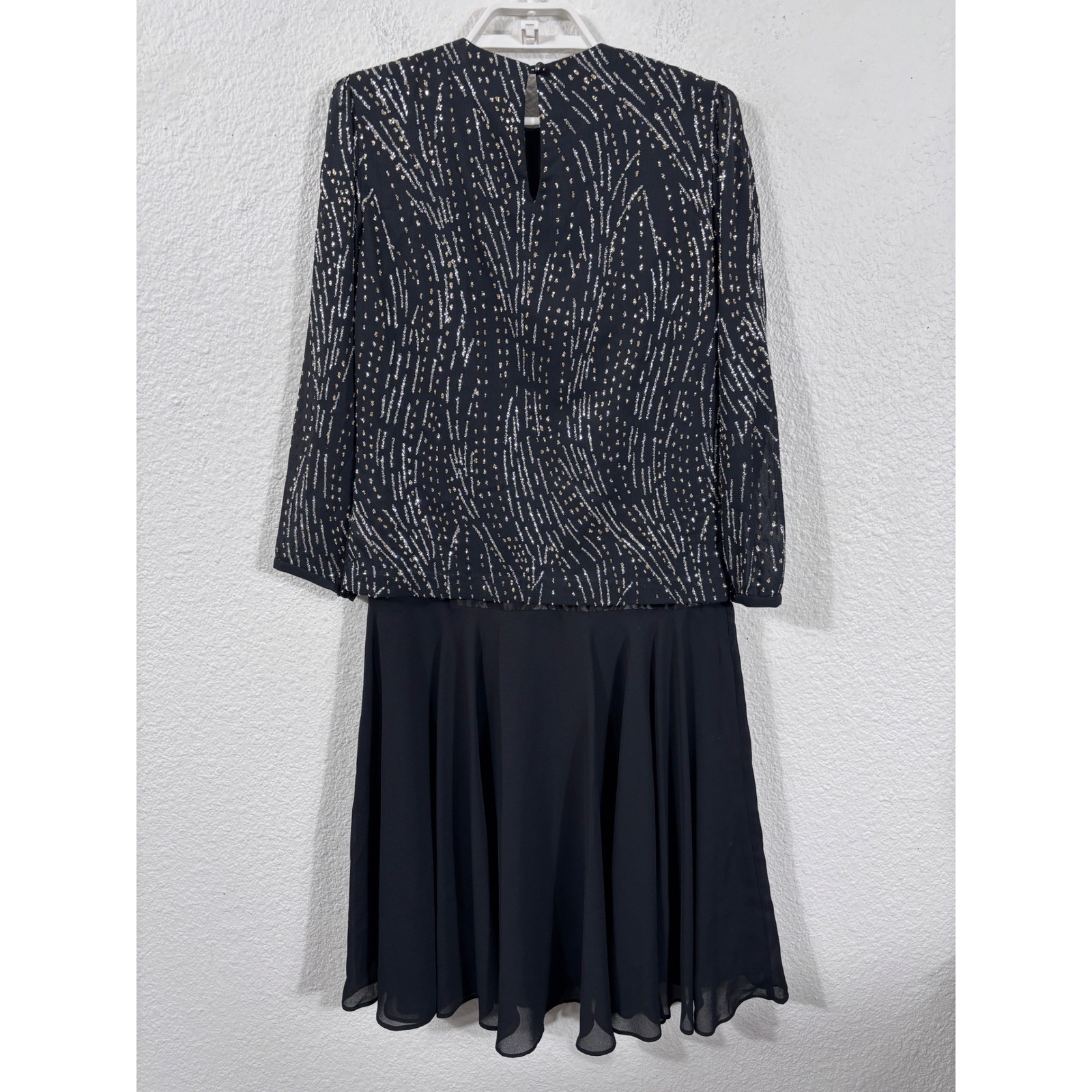 J.S.J. Dress Women Medium Black Vintage Sequin Chiffon Long Sleeve