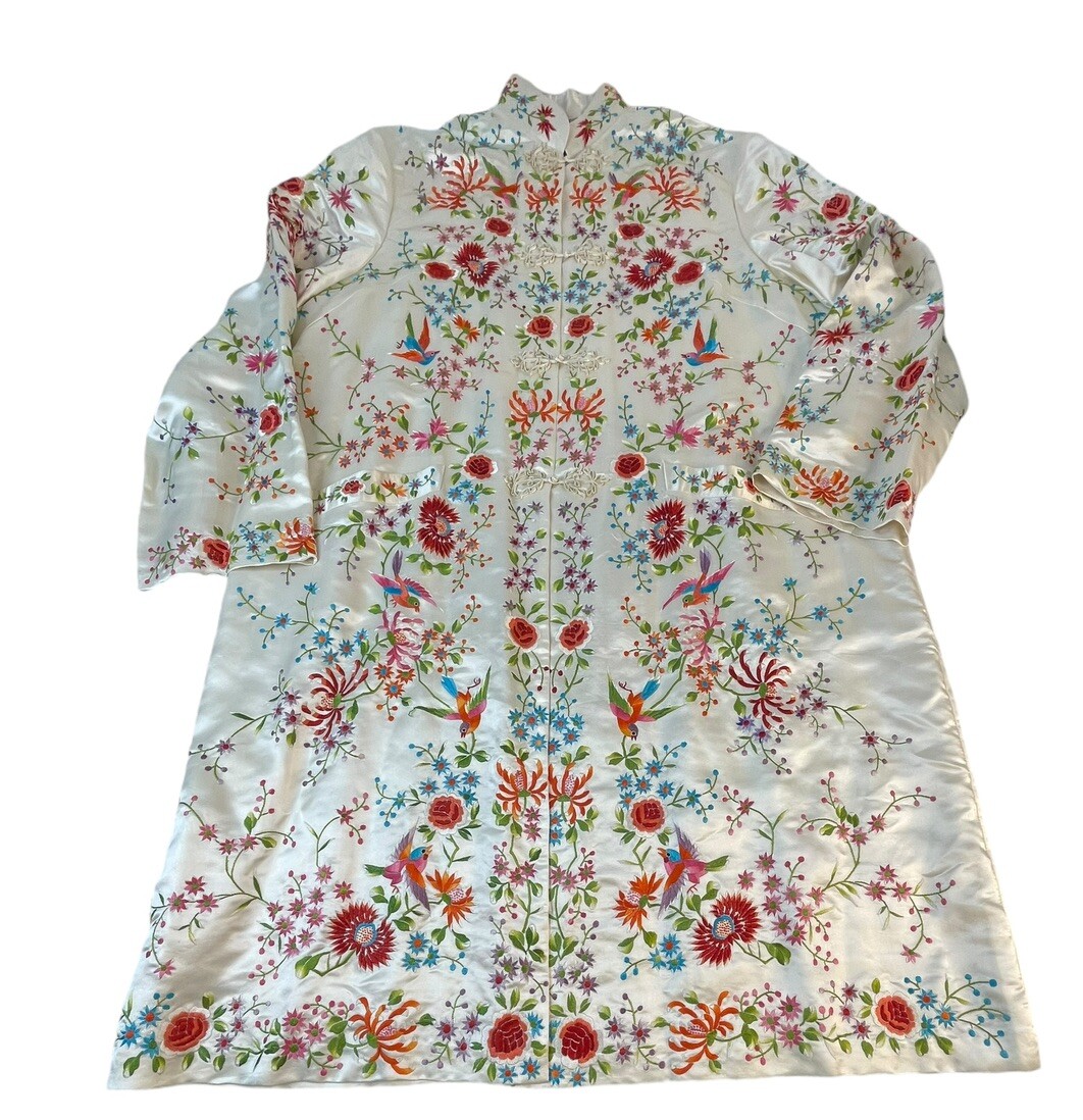 Rare Silk Dress Colors Floral Bird Embroidery Cream Cheongsam China EU 42