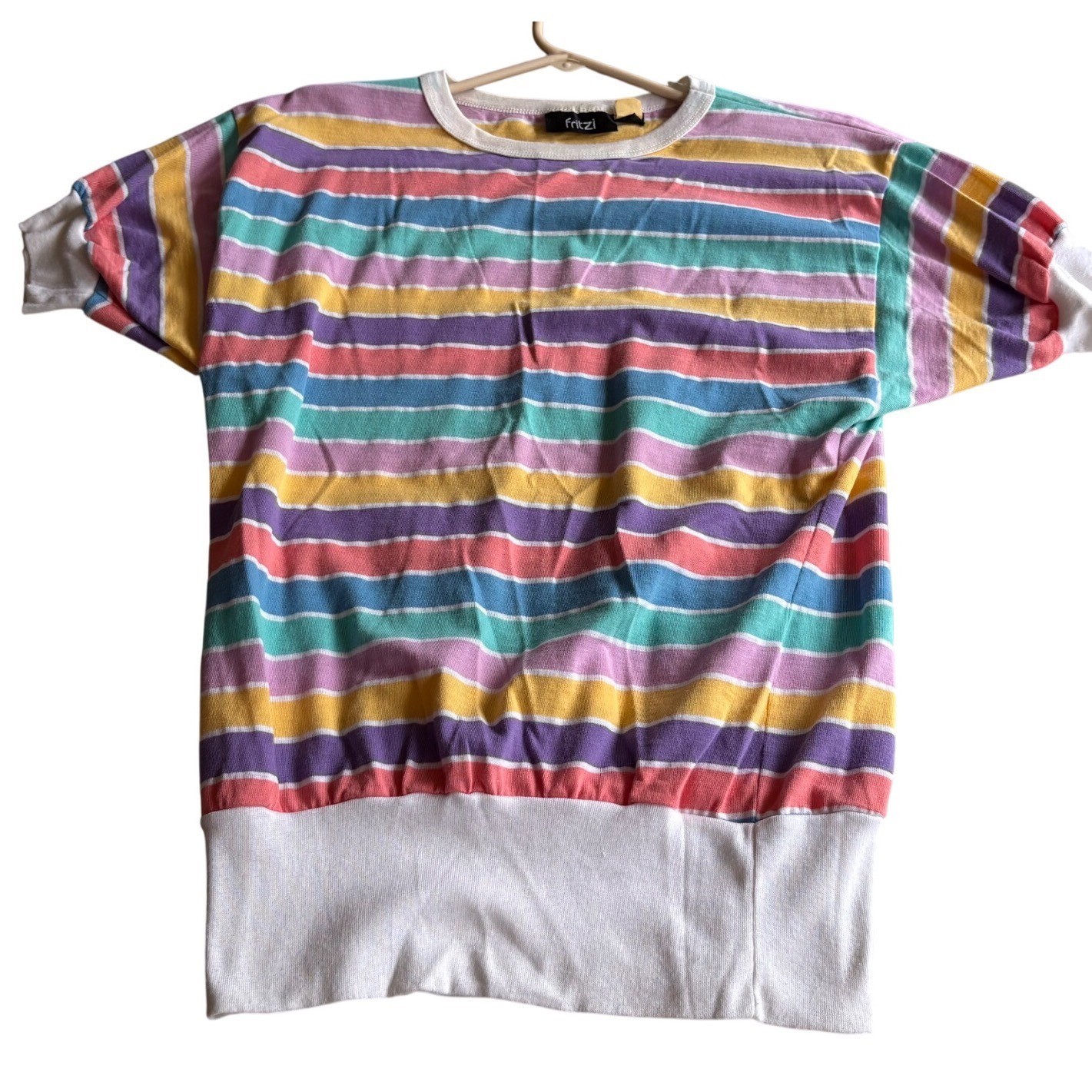 Vintage Rainbow Stripe Dolman Sleeve Knit Top Women&rsquo;s Small Colorful Pastel Boho