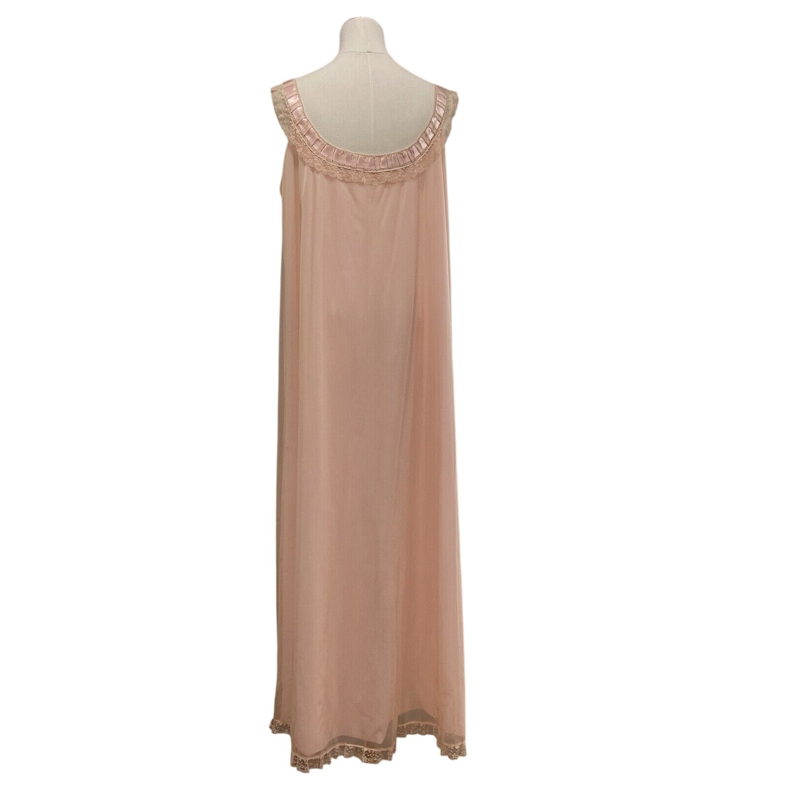 Vintage 60s Odette Barsa Pink Nylon Chiffon Ribbon Lace Maxi Nightgown Size M