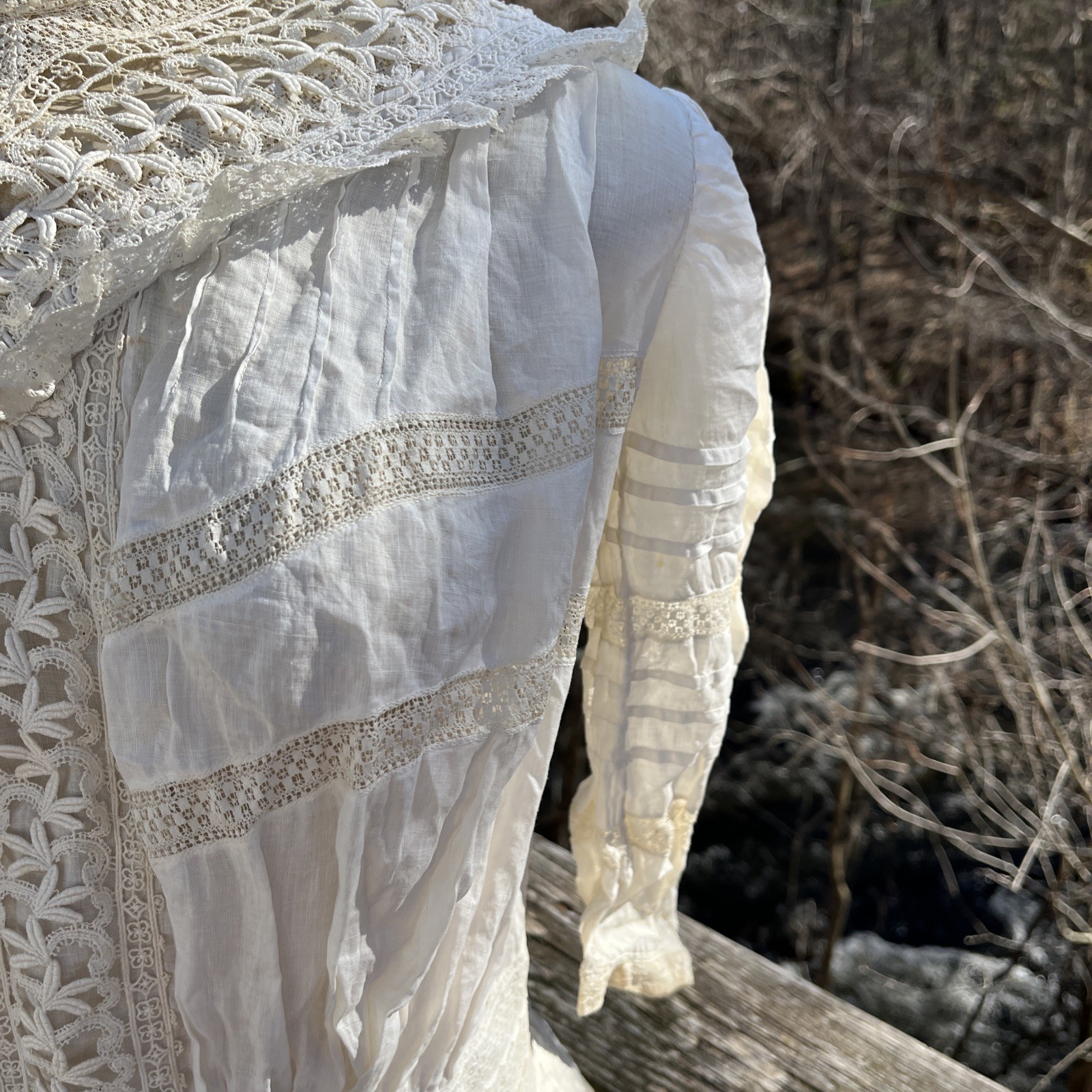 Authentic Edwardian Off White Cotton Lawn Dress c.1900 Lace Pintuck Button Back