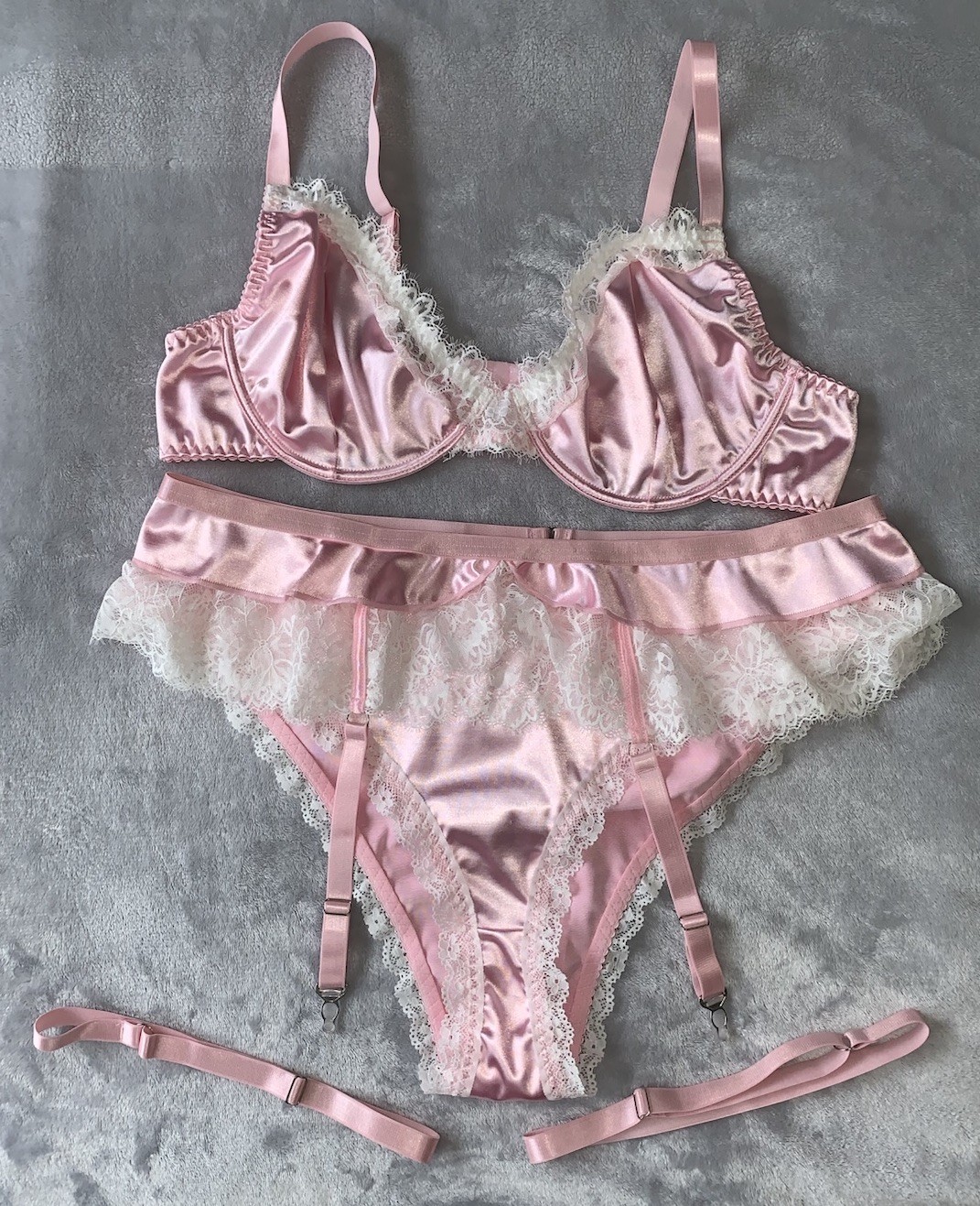 NEW 3X Glossy 2nd Skin Satin Bra Panties Garter Belt 5pc Set Plus sz