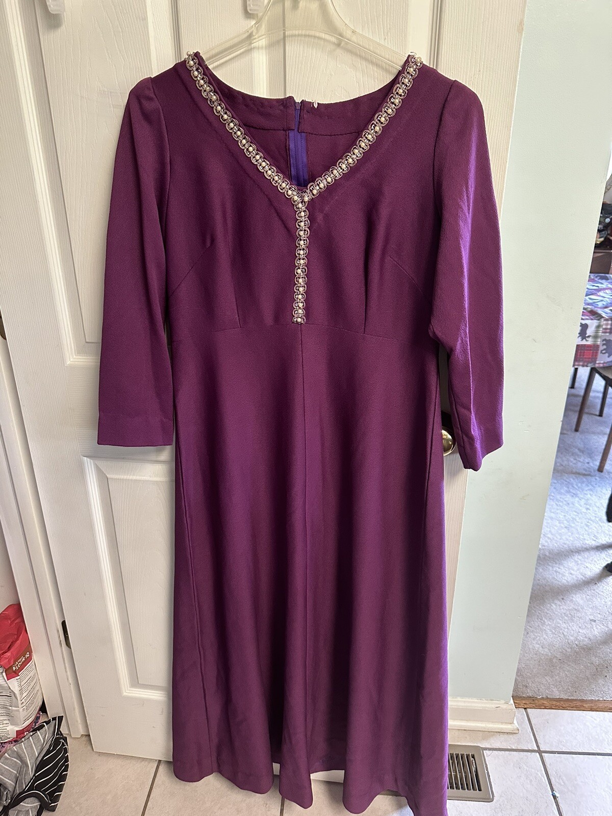 Vtg 60s 70s Retro MOD Purple Disco dress Costume Handmade 38w Large Pearls Mcm