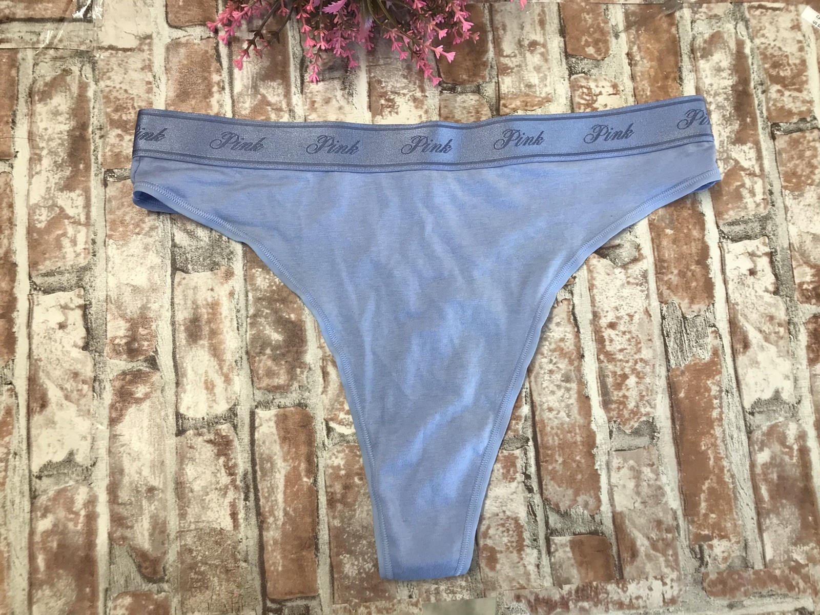 NEW PINK BY VICTORIA&rsquo;S SECRET LOGO LARGE COTTON SMOOTH SKY BLUE THONG PANTIES