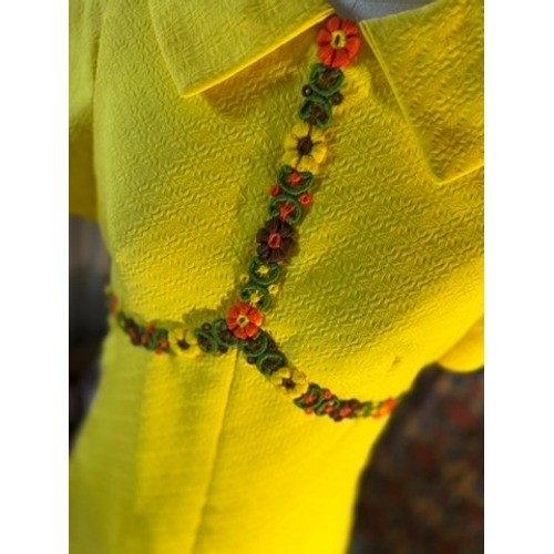 Vintage Yellow Mod Mini Dress Floral Embroidery Textured Pique 60s 70s Retro