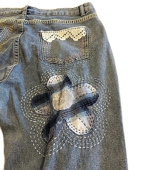 Totally hand patched embroidered upcycled custom Womens jeans 1 of a kind – Med