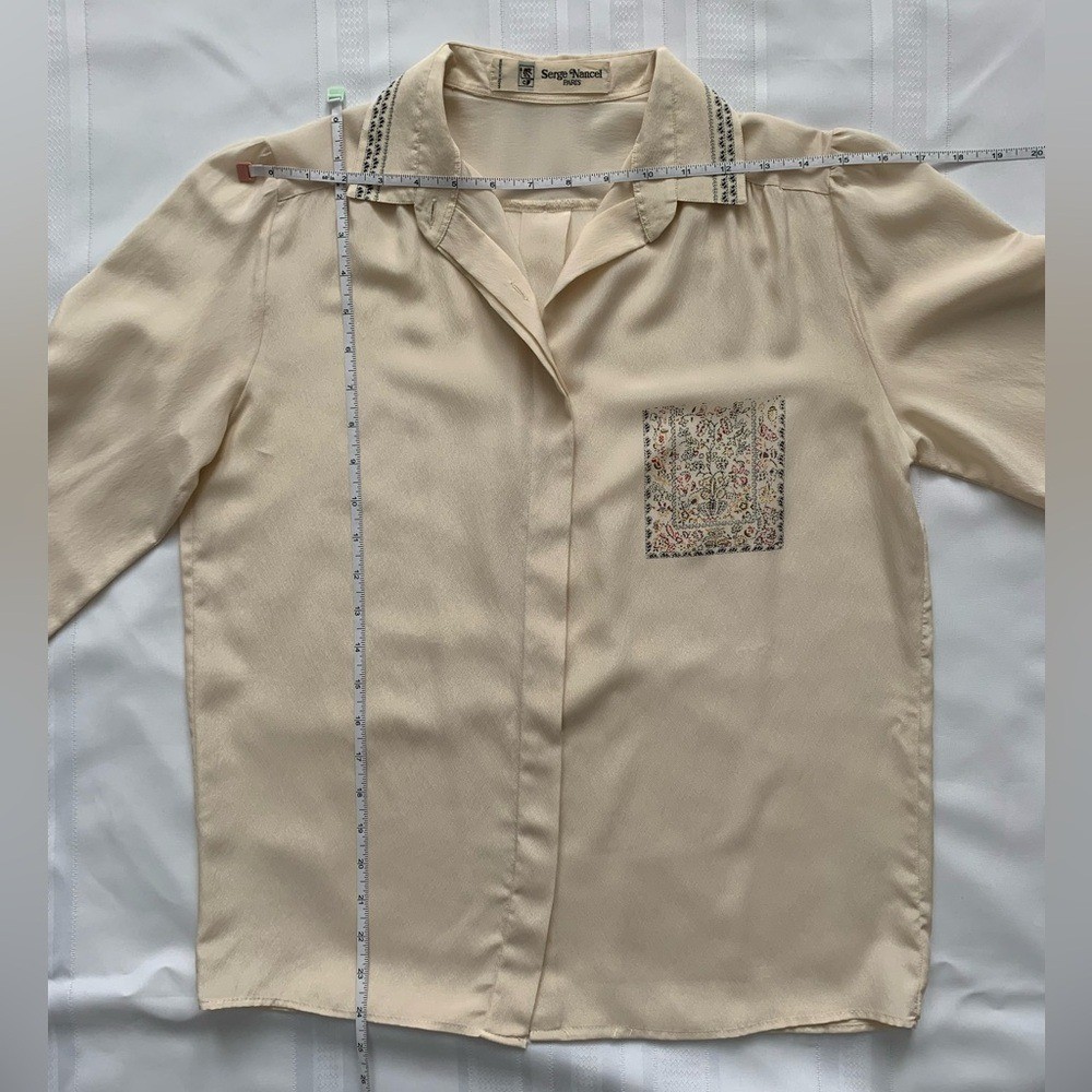 Vintage Serge Nancel Paris Ivory Embroidered Silk-Feel Blouse